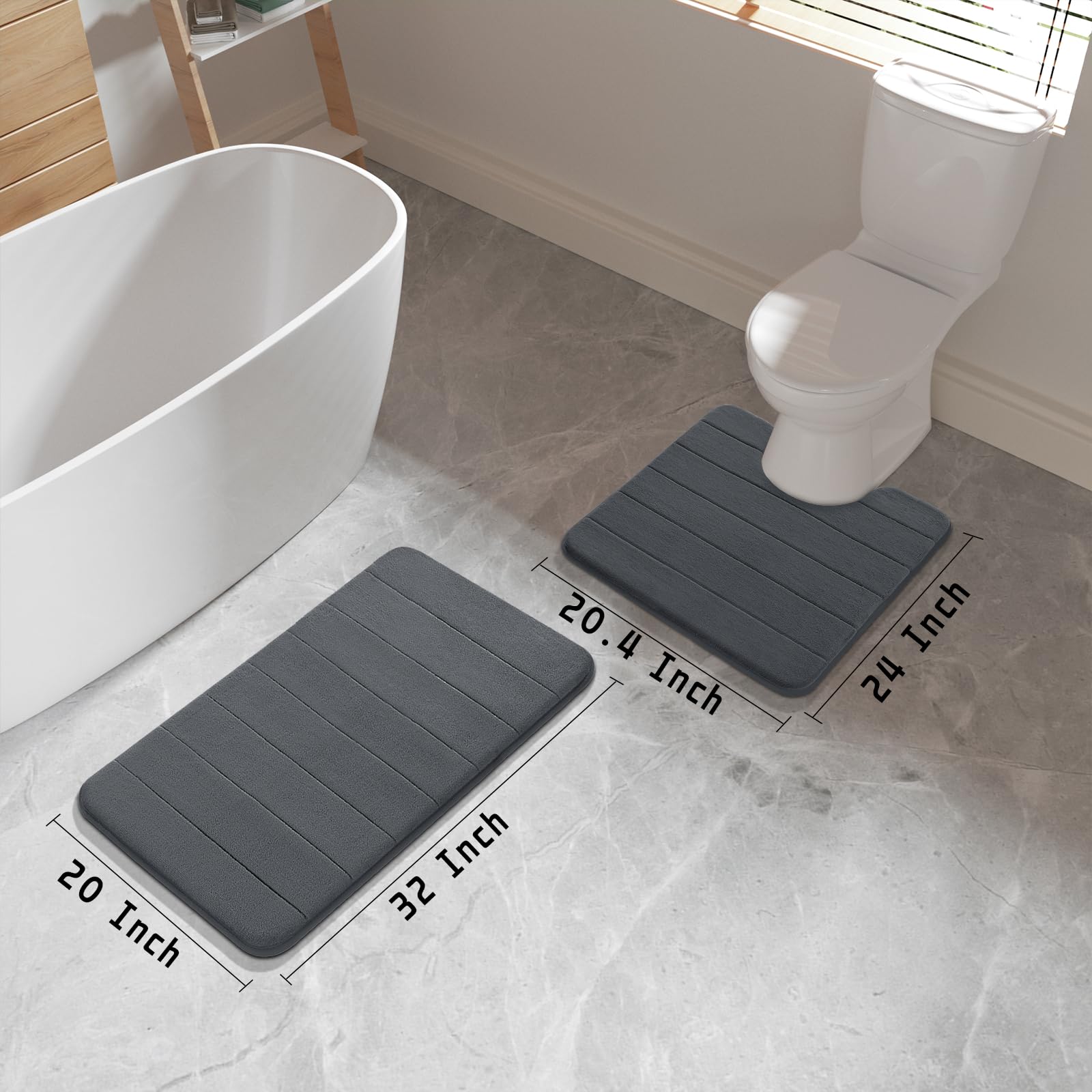 Yimobra Memory Foam Bath Mat Set, 2 Piece Soft Bathroom Rugs, 31.5X19.8 And 24X20.4 U-Shaped Bathroom Rugs, Toilet Mat, Water Ab