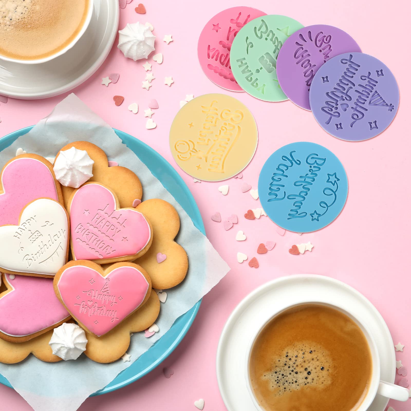 6 Pcs Happy Birthday Fondant Embosser Cookie Stamps 3D Design Cookie Cutters Happy Birthday Fondant Stamp For Party Decorating F
