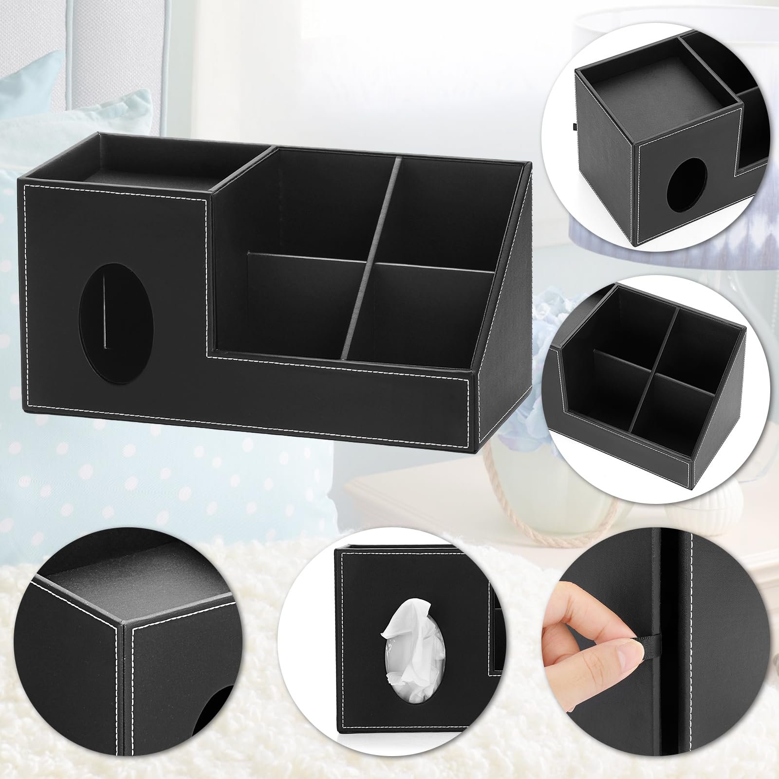 Sumnacon Tissue Box Cover Square Pu Tissue Box Organizer,Leather Tissue Box Cover With Storage,Stylish Tissue Box Holder For Bah