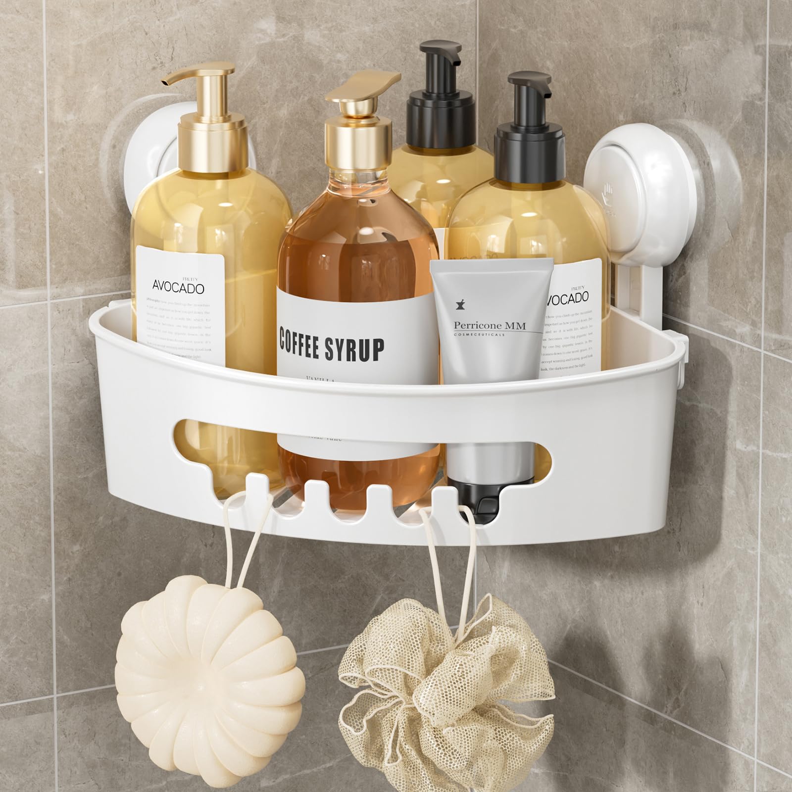 LEVERLOC Corner Shower Caddy Suction Cup, Shower Caddy Basket Powerful Suction Bathroom, Waterproof & Rustproof Organizer for Ba