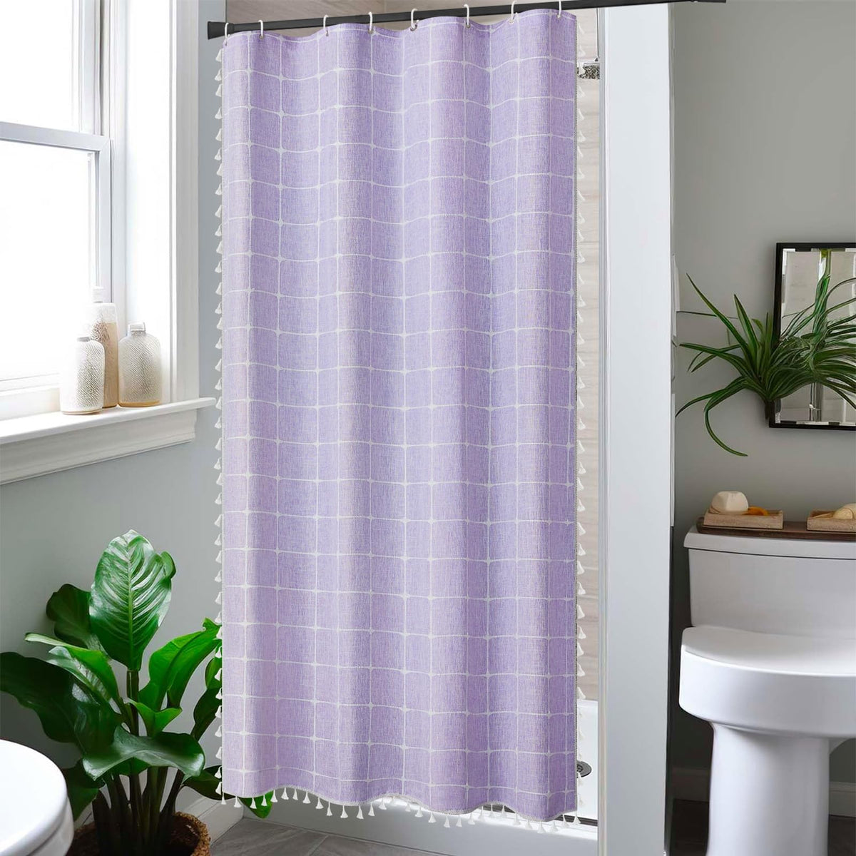 Boho Stall Fabric 48 Inch Narrow Shower Curtain, Farmhouse Linen Textured Weighted Thick Fabric Shower Curtains For Bathroom, Mo