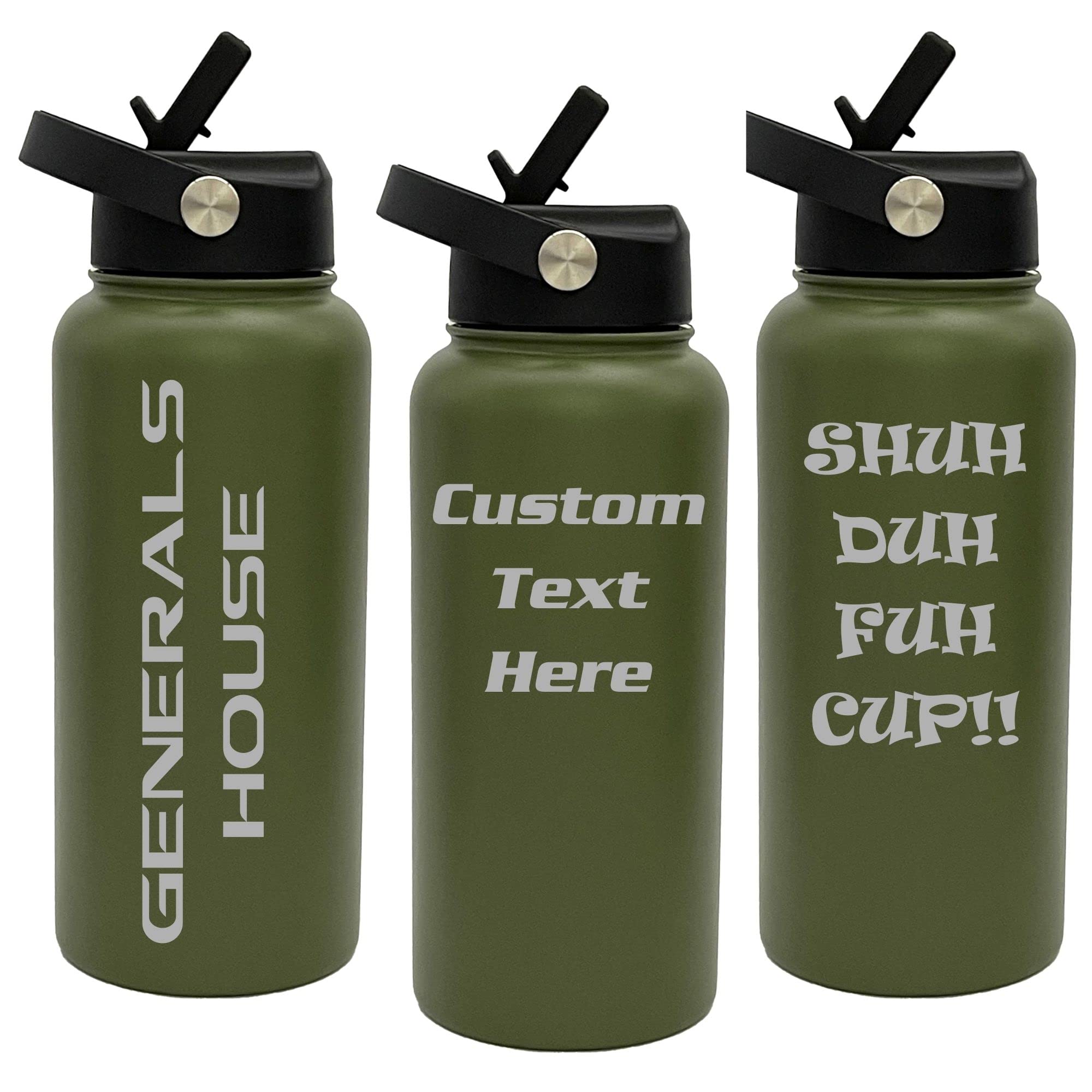 Oezzo Customized Tumblers, Army Green Double Wall Personalized Bottles With Flip Top Spout Lid, Laser Engraved Text For Special