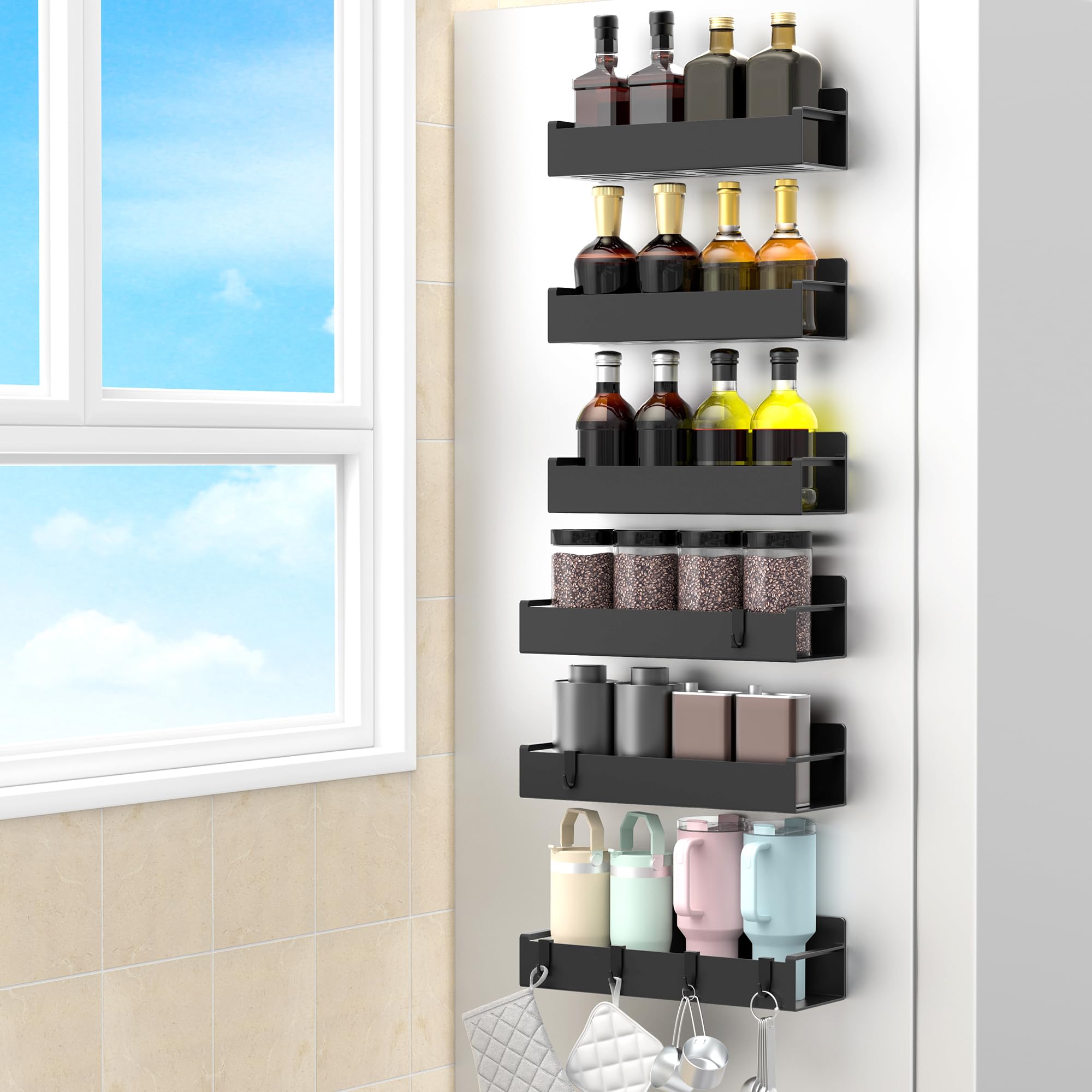 HuggieGems 6 Pack Magnetic Spice Rack Organizer for Refrigerator and Oven, Black Fridge Organizers and Storage for Kitchen