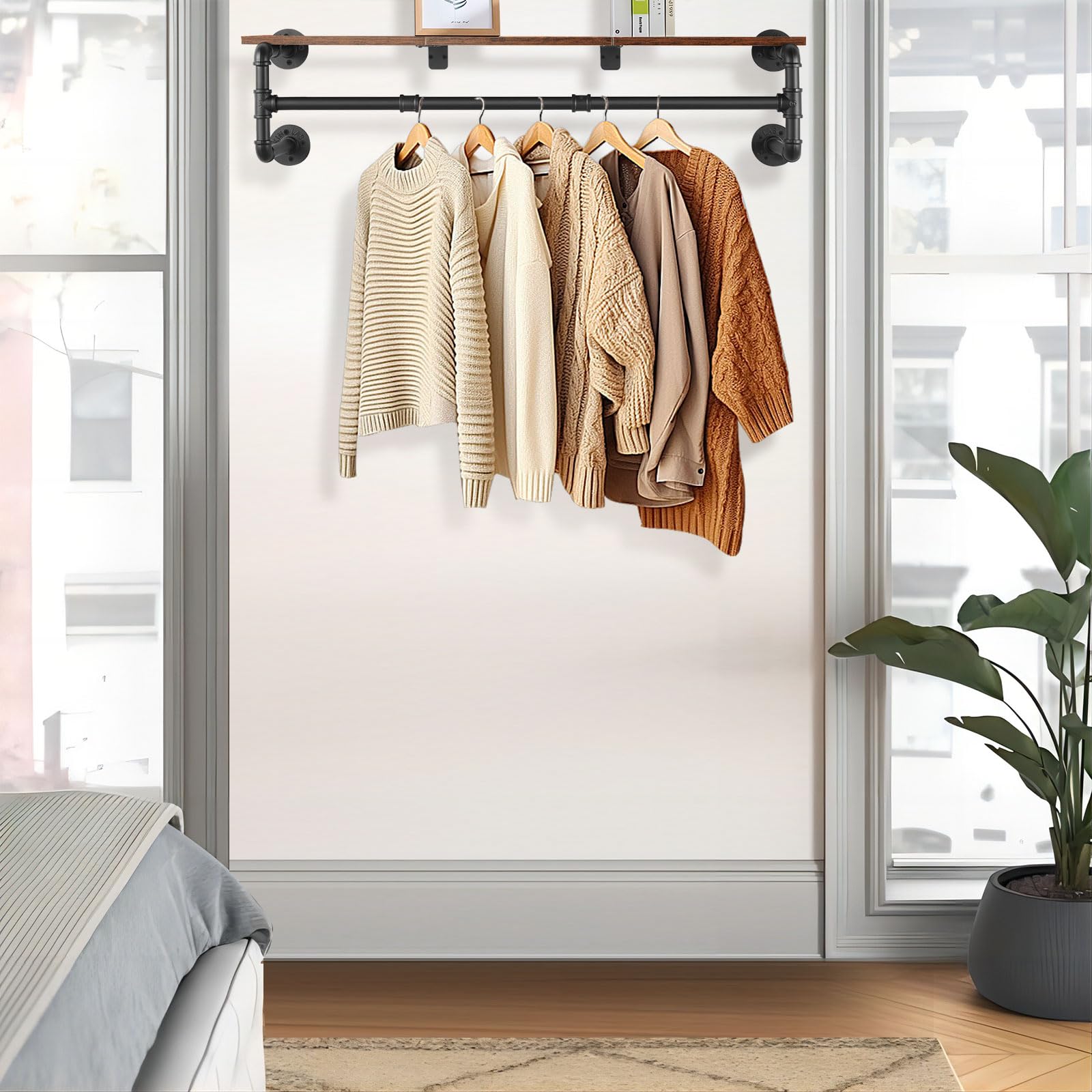 Yawinhe Industrial Pipe Clothing Rack With Shelves, Wall Mounted, Space Saving Closet Rod With 4 Bases, For Shops, Homes, 41.3''