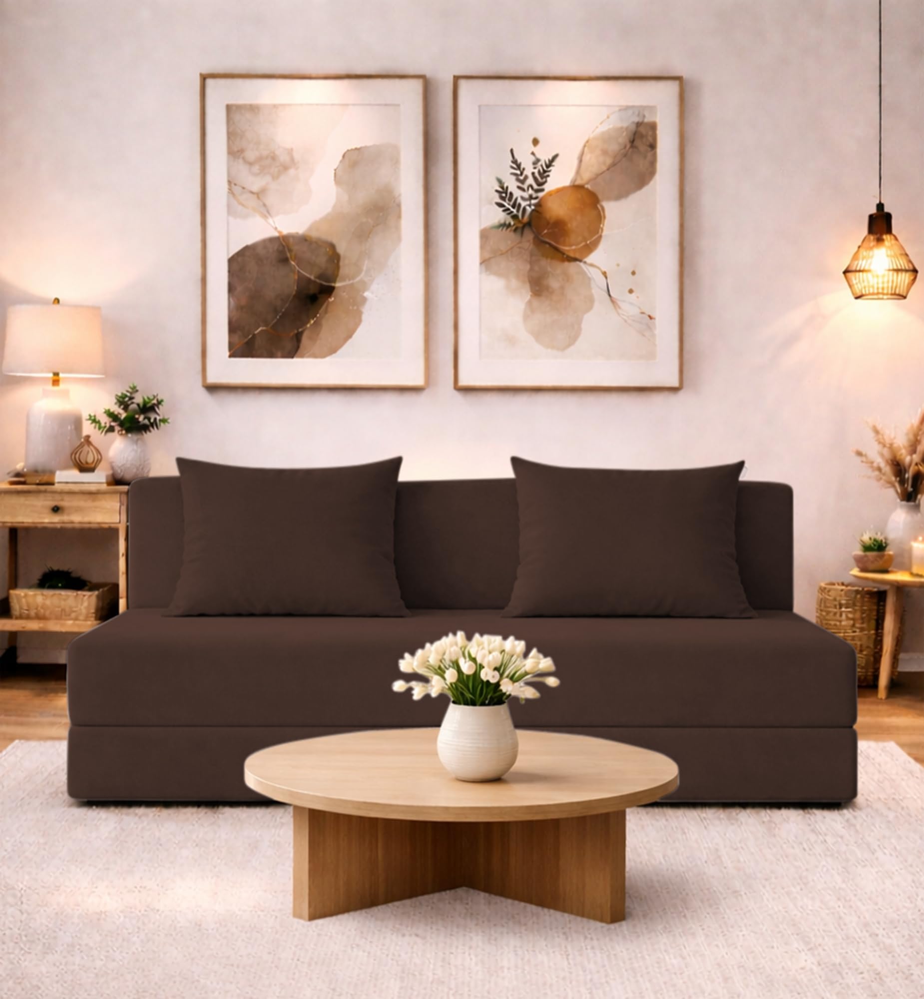 Adorn India Easy 3 Seater Sofa Cum Bed | Velvet Fabric | Brown | Plain Design | 6X5 Ft | Comfortable Seating | Washable Cover | 