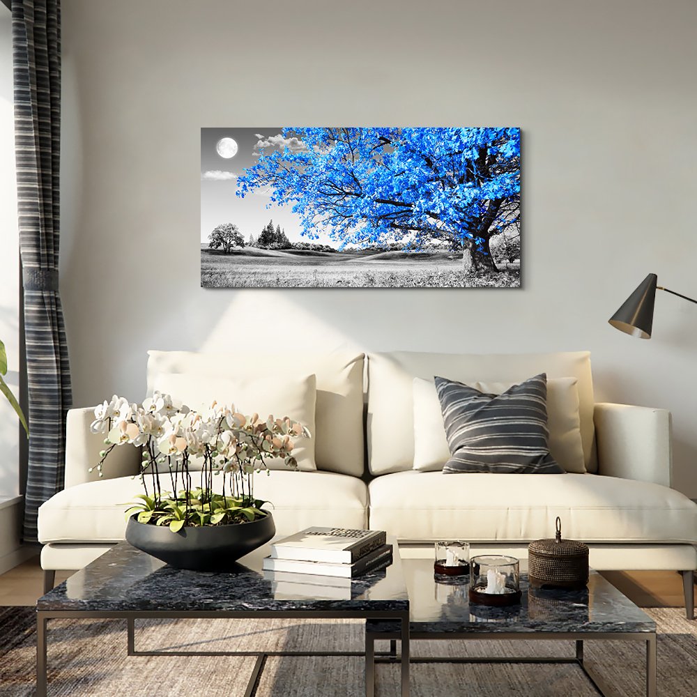 wall art for living room Simple Life Blue moon tree landscape Abstract painting office Wall Decor 20'' x 40'' single Pieces Canvas Prints Ready to Hang for Home Decoration Black and white Works of art
