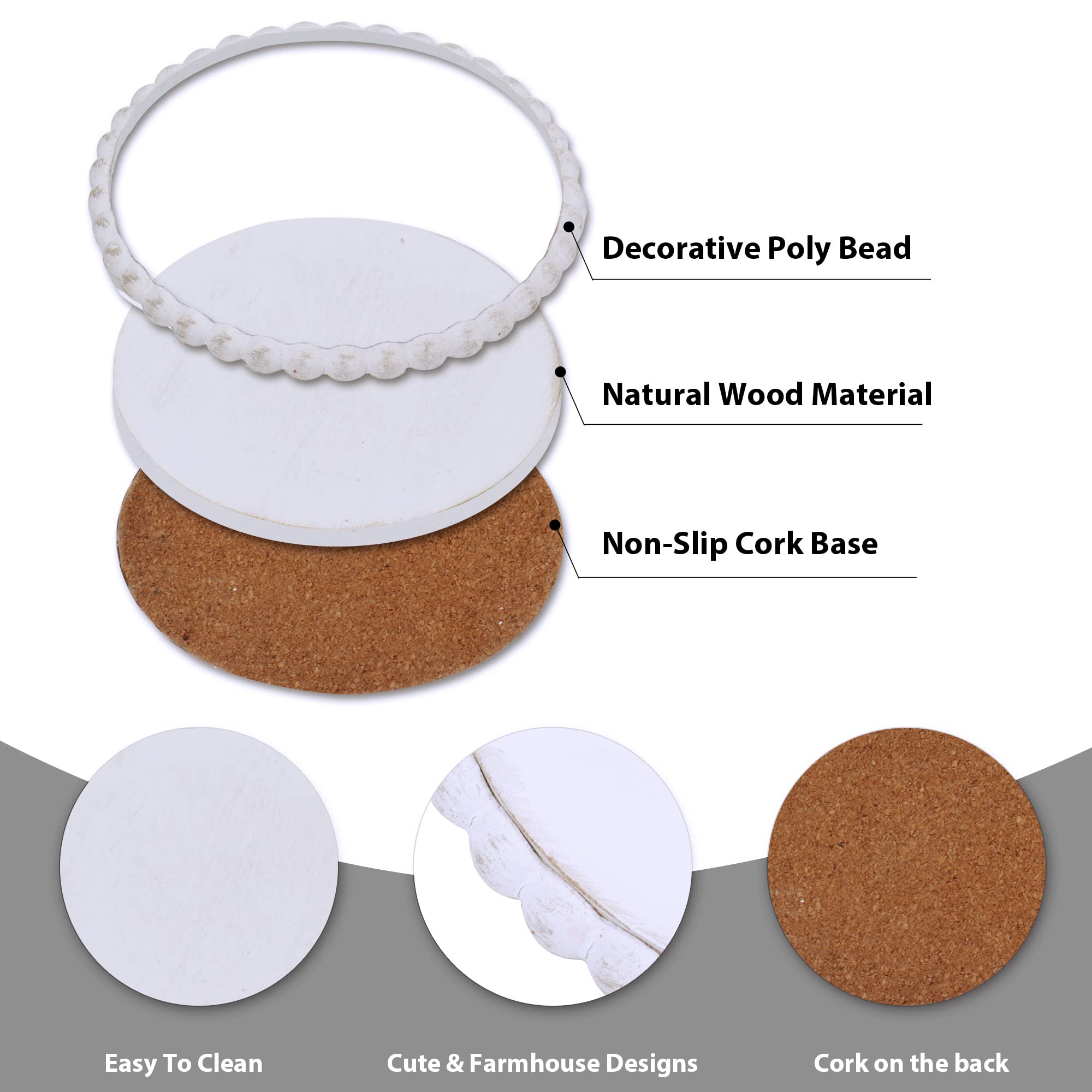 Genmous 6 Pack Farmhouse Wooden Bead Coasters With Metal Holder For Coffee Table Decor, Round Handmade Cup Coasters Set For Drin