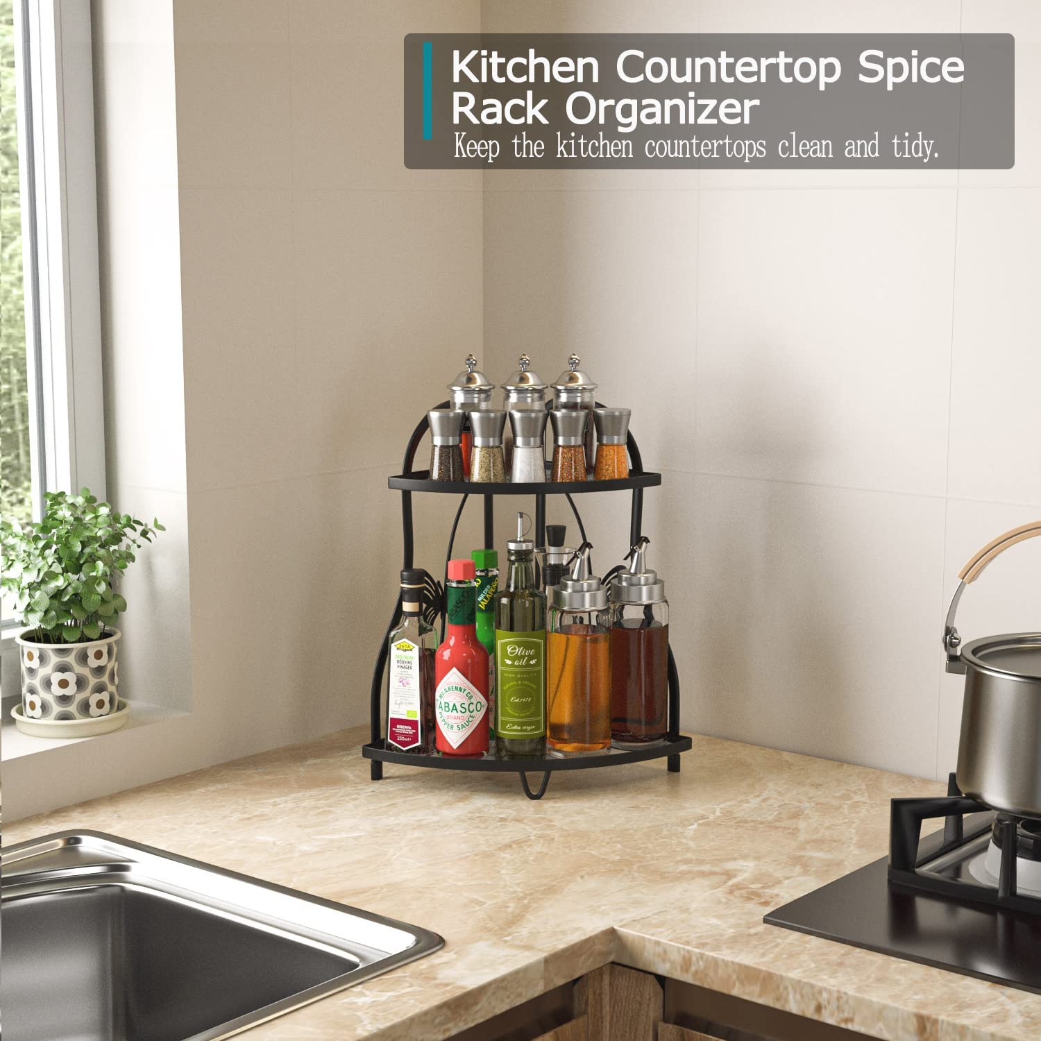 Tamomic Corner Bathroom Sink Organizer Countertop Shelf, Kitchen Corner Spice Rack Organizer Counter Storage,Black