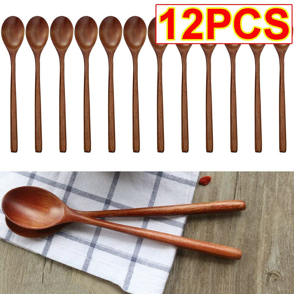 Teamwill Wooden Spoons, 12 Pieces 9 Inch Wood Soup Spoons For Eating Mixing Stirring, Long Handle Spoon With Japanese Style Kitc
