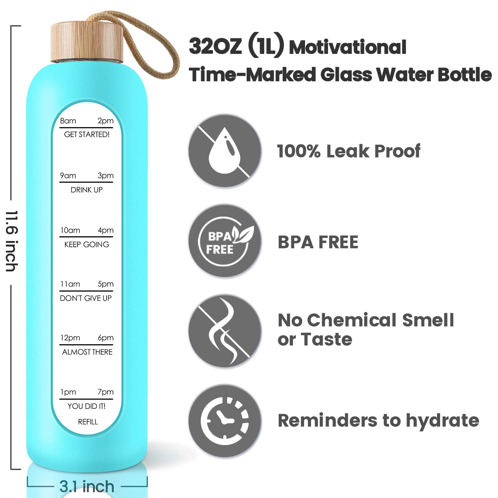 PROBTTL 32 Oz Borosilicate Glass Water Bottle with Time Marker Reminder Quotes  Leak Proof Reusable BPA Free Motivational Water Bottles with Silicone Sleeve and Bamboo Lid