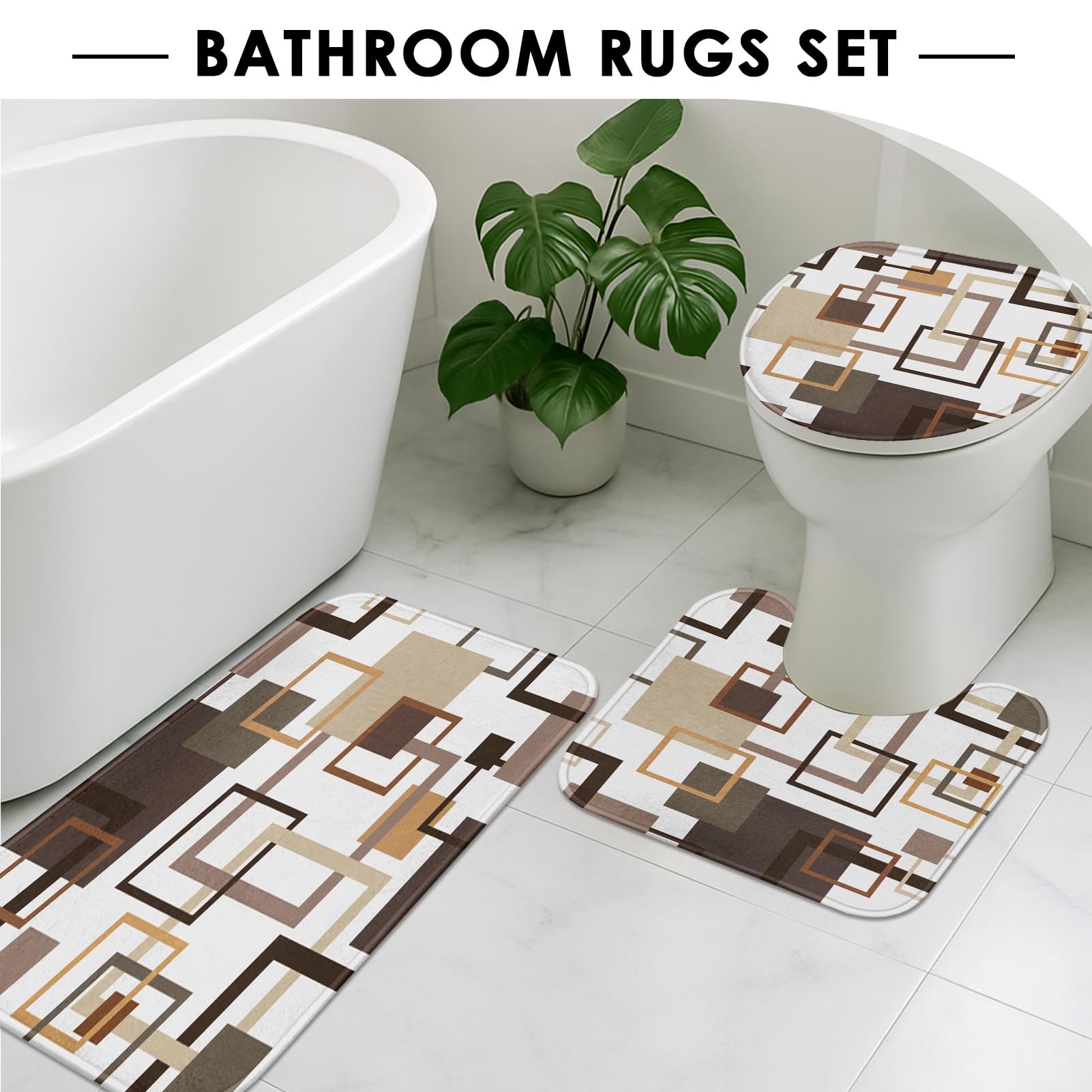 Geometric Brown Shower Curtain Set with Toilet Lid Cover and Non-Slip Rugs  Abstract Square 4 Pcs Shower Curtain for Bathroom  Modern Simple Line Bathroom Decor