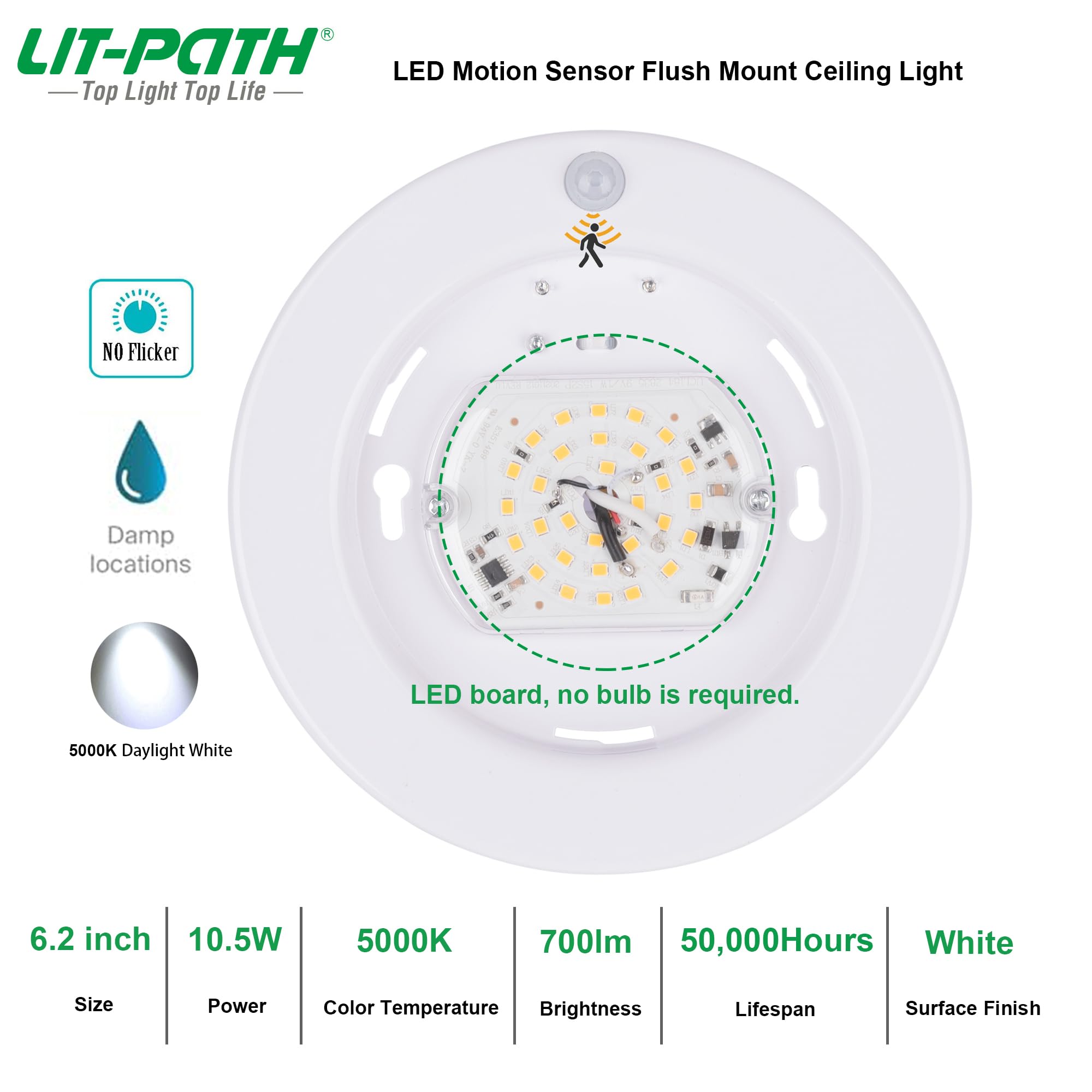 Lit-Path Led Motion Sensor Flush Mount Ceiling Lighting Fixture, Closet Light With Motion Sensor, 105W, 800 Lumen, 62 Inch, Anti