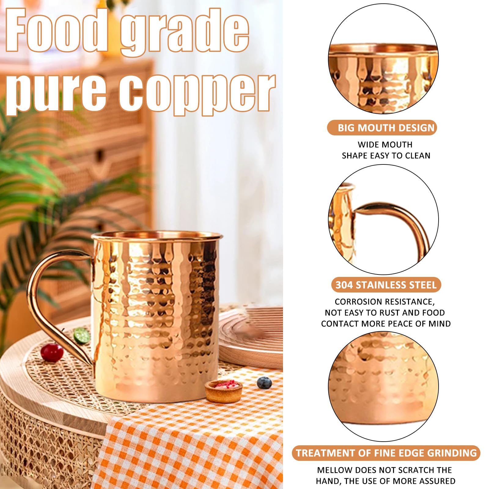 100% Copper Mug For Moscow Mule - 12Oz Hammered Pure Copper Thick Straight Wall