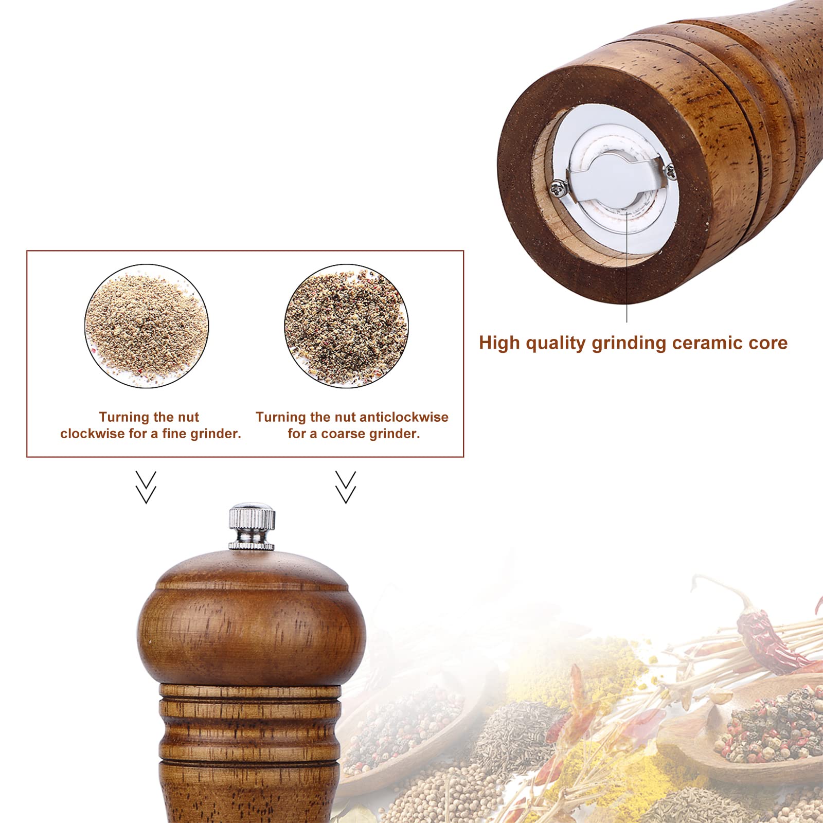 Gulex Wood Pepper Grinder Pepper Mill,Adjustable Coarseness 8 Inch Wooden Peppermill, Retro Style Ceramic Grinding Mechanism Sal
