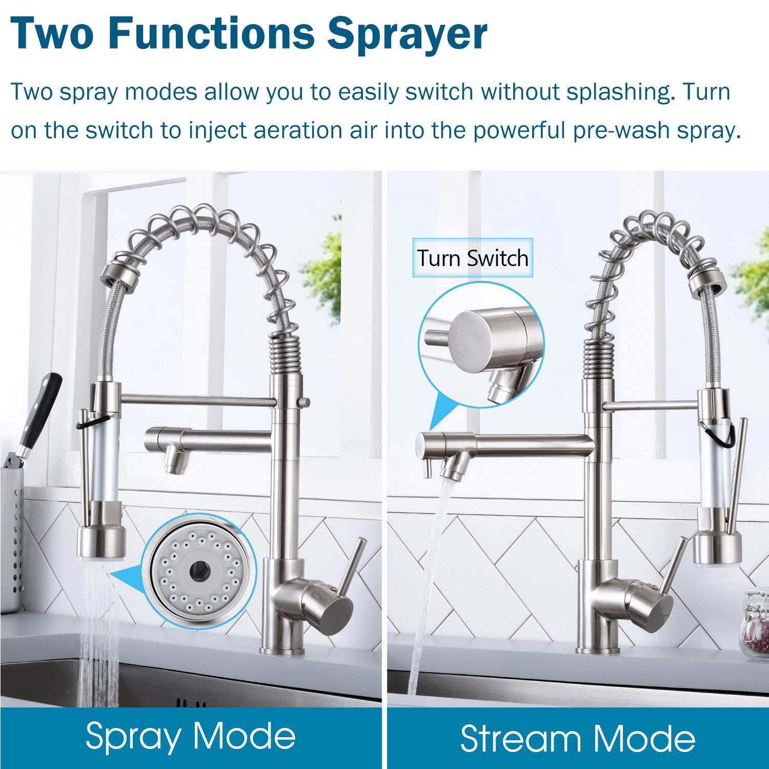 Djs Kitchen Faucet With Pull Down Sprayer, Faucet For Kitchen Sink, High Arch Stainless Steel Single Handle Spring Kitchen Fauce