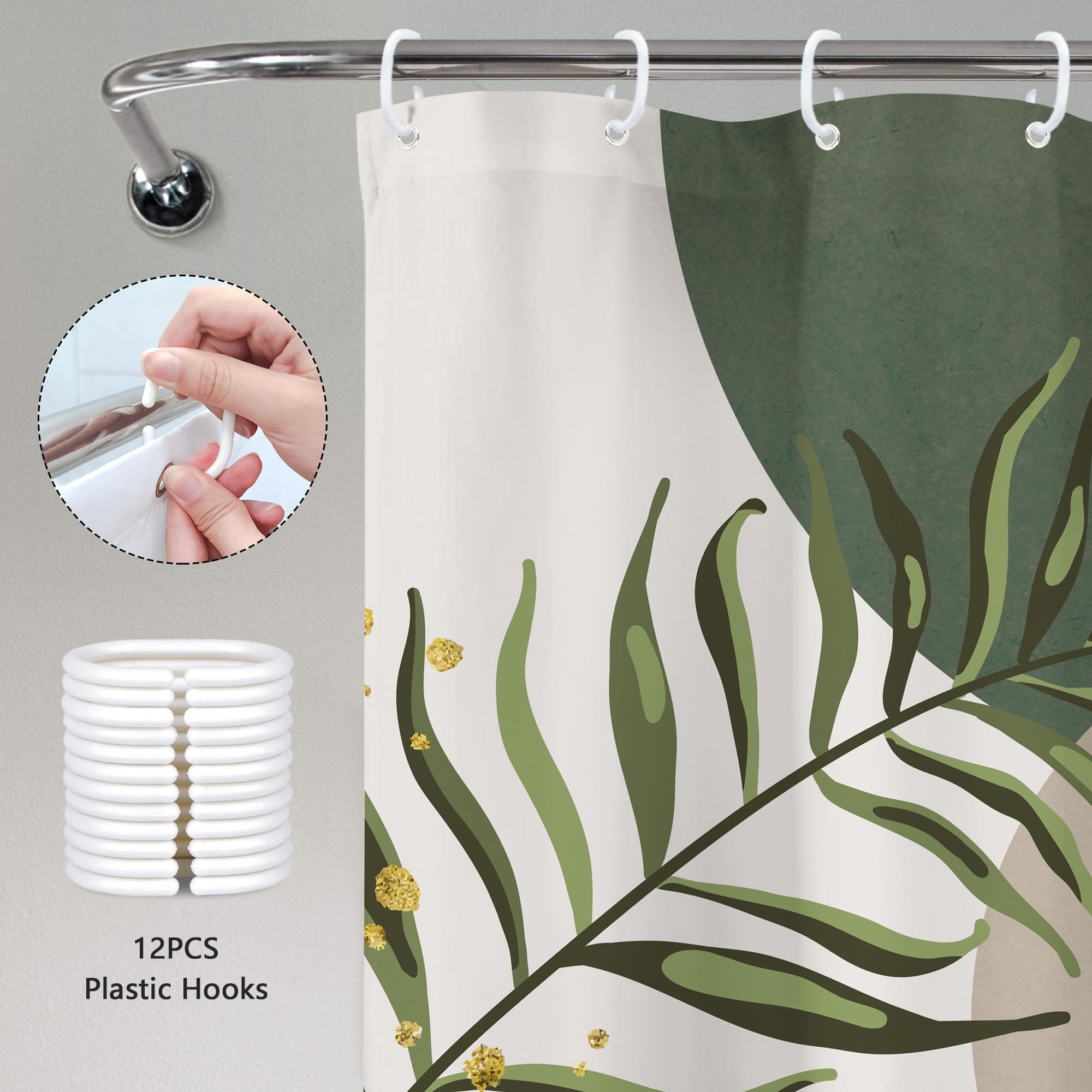 Mitpok Sage Green Boho Mid Century Shower Curtain 60Wx72H Abstract Gold Leaves Plant Grey Modern Sun Bathroom Decor Minimalist G