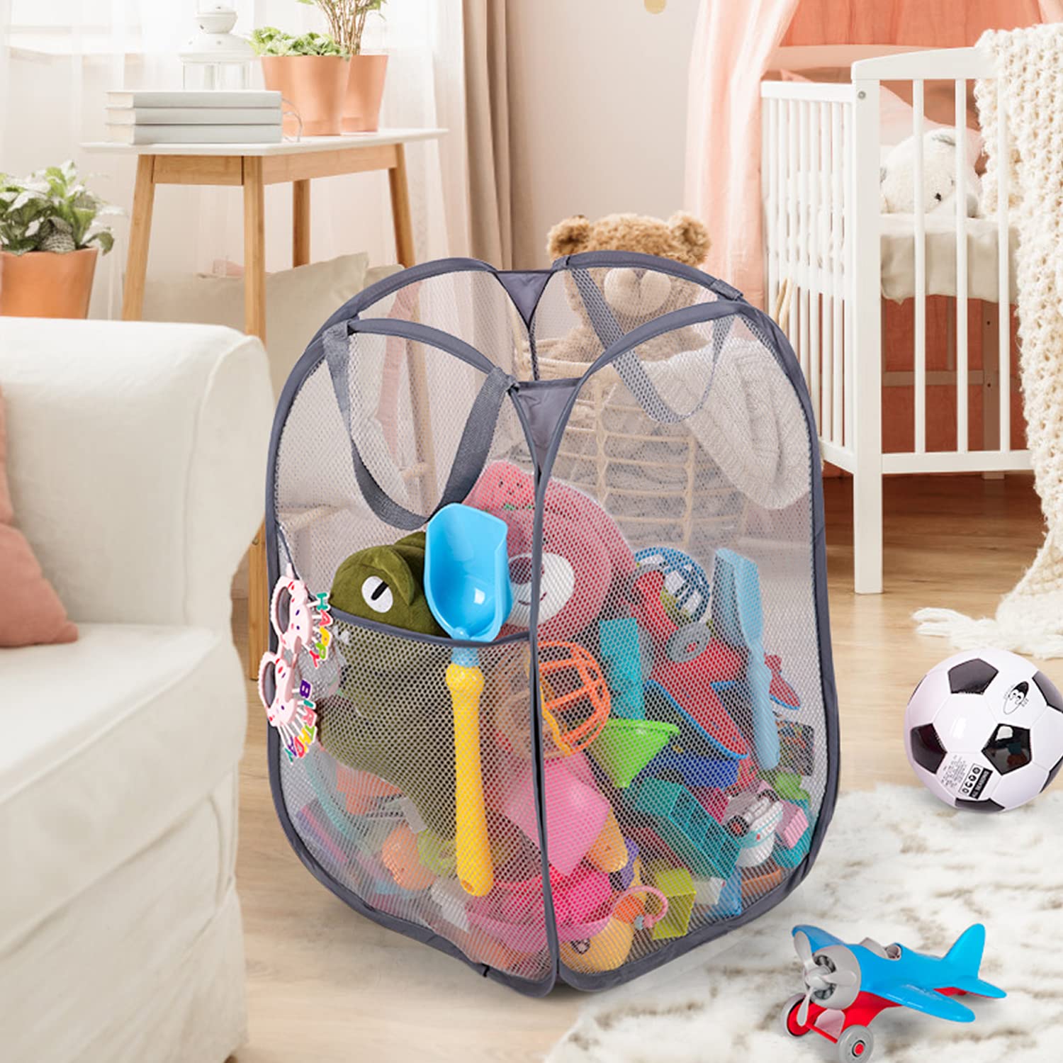 Deluxe Strong Mesh Pop up Laundry Hamper Basket with Side Pocket for Laundry Room  Bathroom  Kids Room  College Dorm or Travel Grey