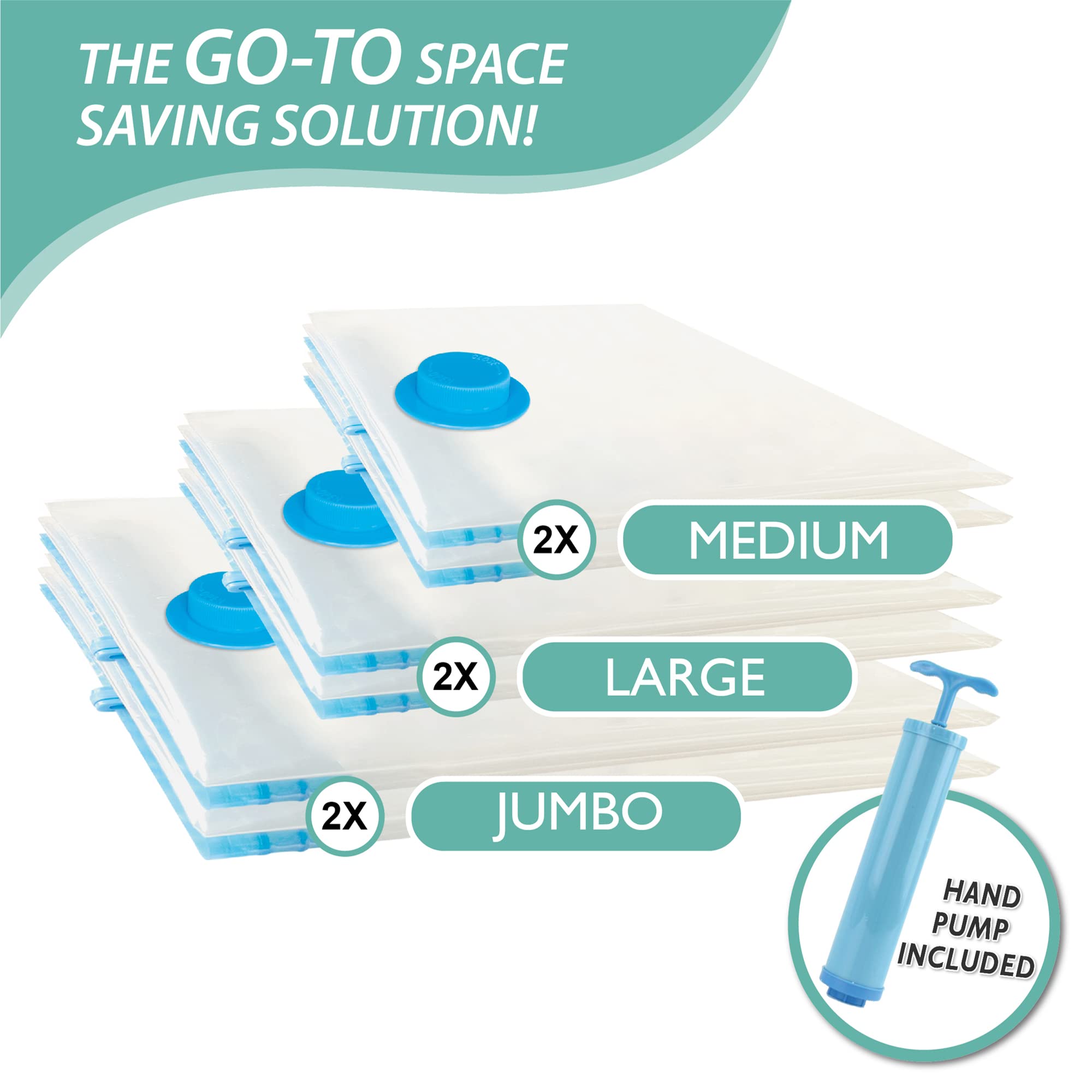 6 Pack Vacuum Storage Bags  Space Saver Bags (2 Jumbo/2 Large/2 Medium) Compression Storage Bags for Comforters and Blankets  Vacuum Sealer Bags for Clothes Storage  Hand Pump Included