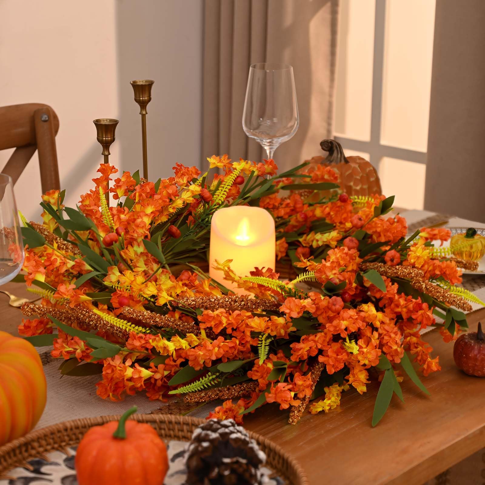 Waipfaru Fall Wreaths for Front Door Outside, 22 Inch Autumn Wreath with Orange Yellow Forsythia Flower Pumpkin, Autumn Decorati