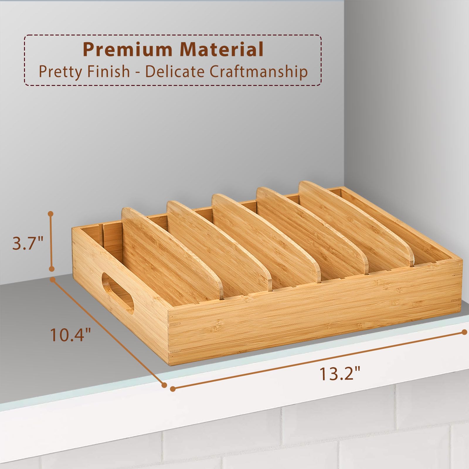 Umilife Kitchen Cabinet Organizer For Food Storage Container Lids, With Adjustable Dividers, Bamboo Drawer Caddy, Box For Kitche