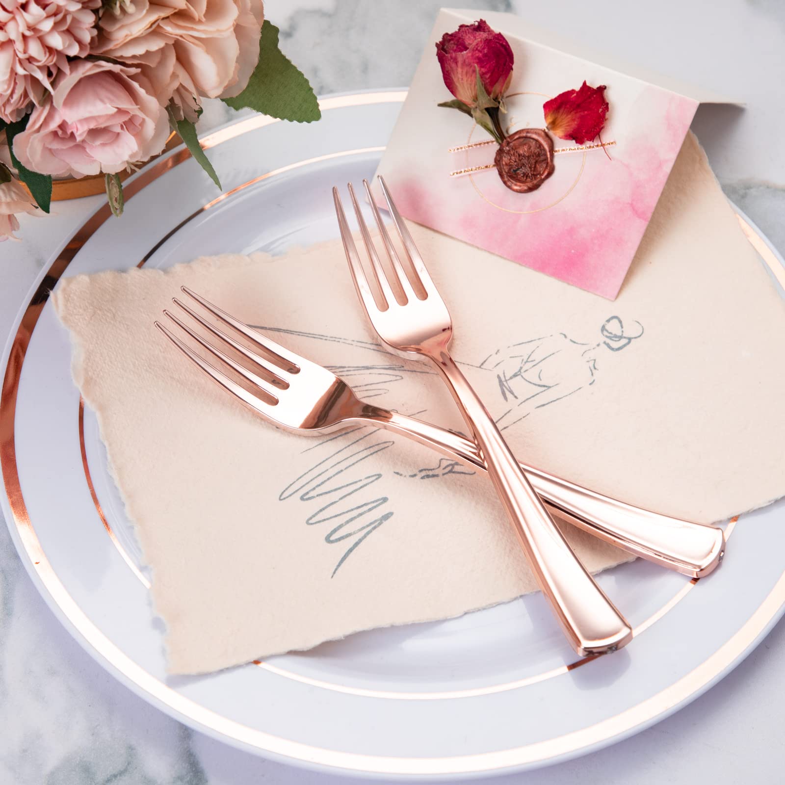 Liacere 200 Pack Rose Gold Forks Disposable - 7.4 Inch Heavy Duty Plastic Forks - Heavyweight Rose Gold Plastic Forks - Rose Gol