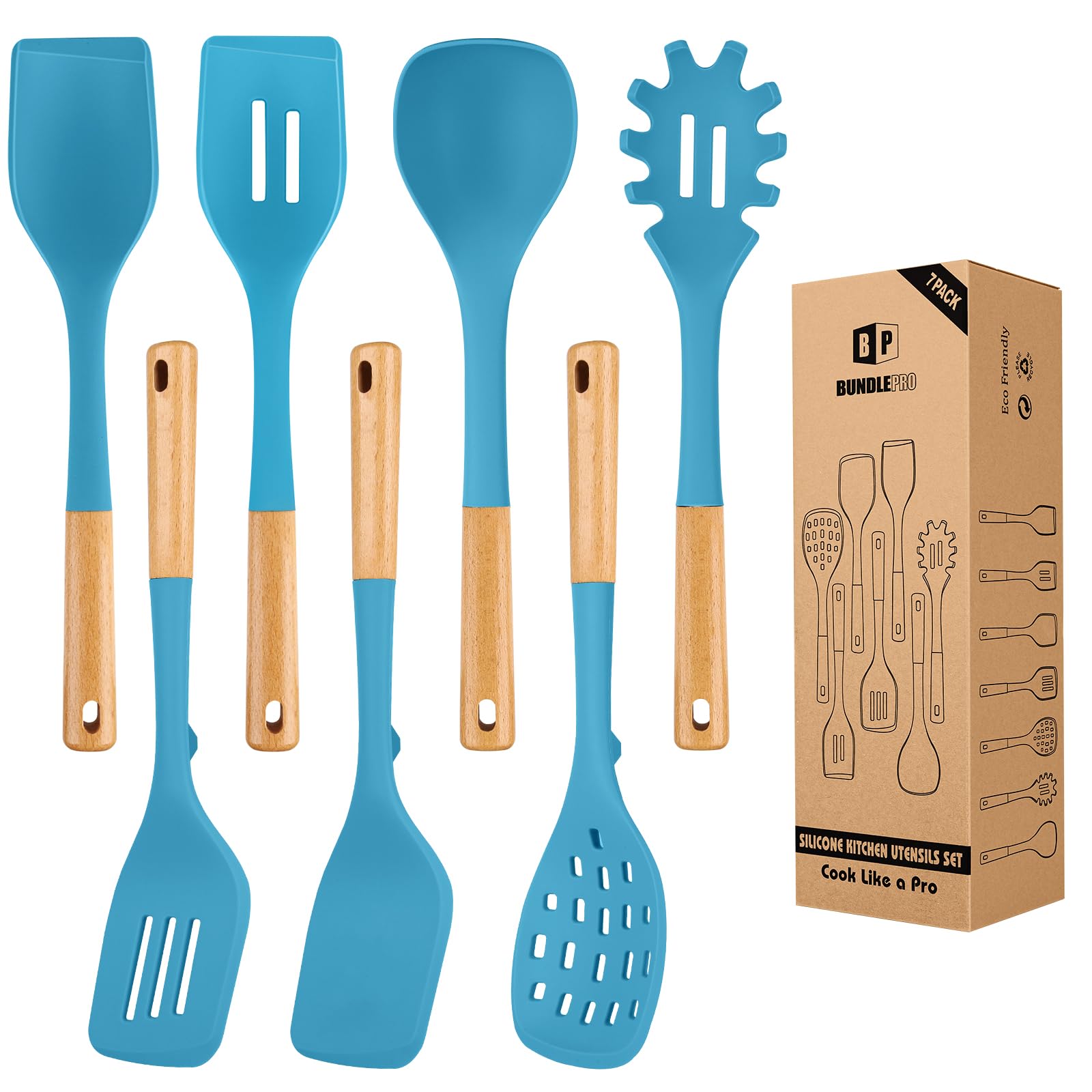 BUNDLEPRO Silicone Cooking Utensils Set, 7 Pcs Kitchen Utensils for Cooking