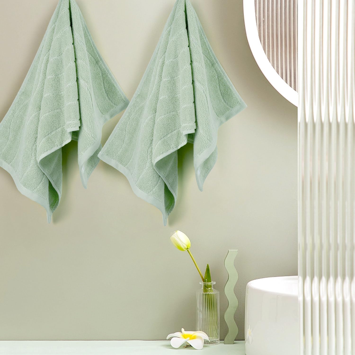Hand Towels 2 Pack - Light Green Wavy Striped Hand Towels For Bathroom, 100% Natural Cotton Soft Absorbent Decorative Towels, 13