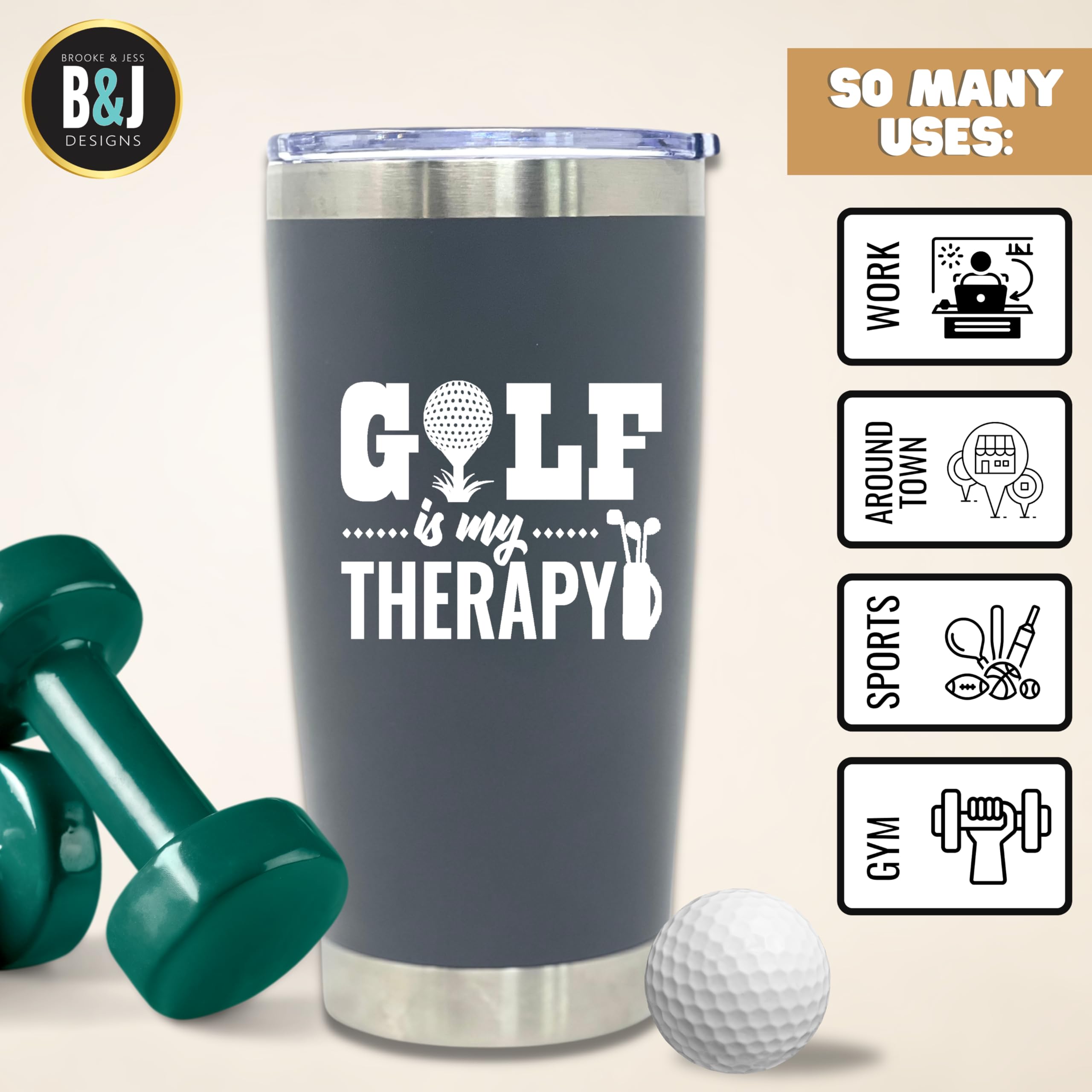 Brooke & Jess Designs - Golf Is My Therapy 20 Oz Golfer Multipurpose Insulated Water Bottle Tumbler Travel Coffee Mug - Golf Gif
