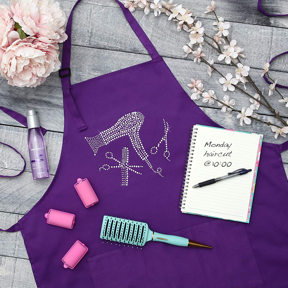 Hair Stylist Apron With Rhinestone Tools For Hairdresser, Cosmetologist Or At Home Hair Cutting, 3 Pockets Adjustable Neck, Purp