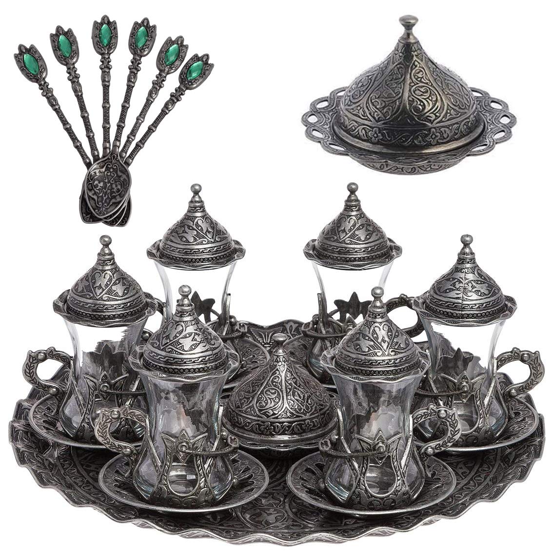 Alisveristime Handmade Turkish Tea Water Zamzam Serving Set Glasses Saucer, Tray And Spoon (Authentic Black)