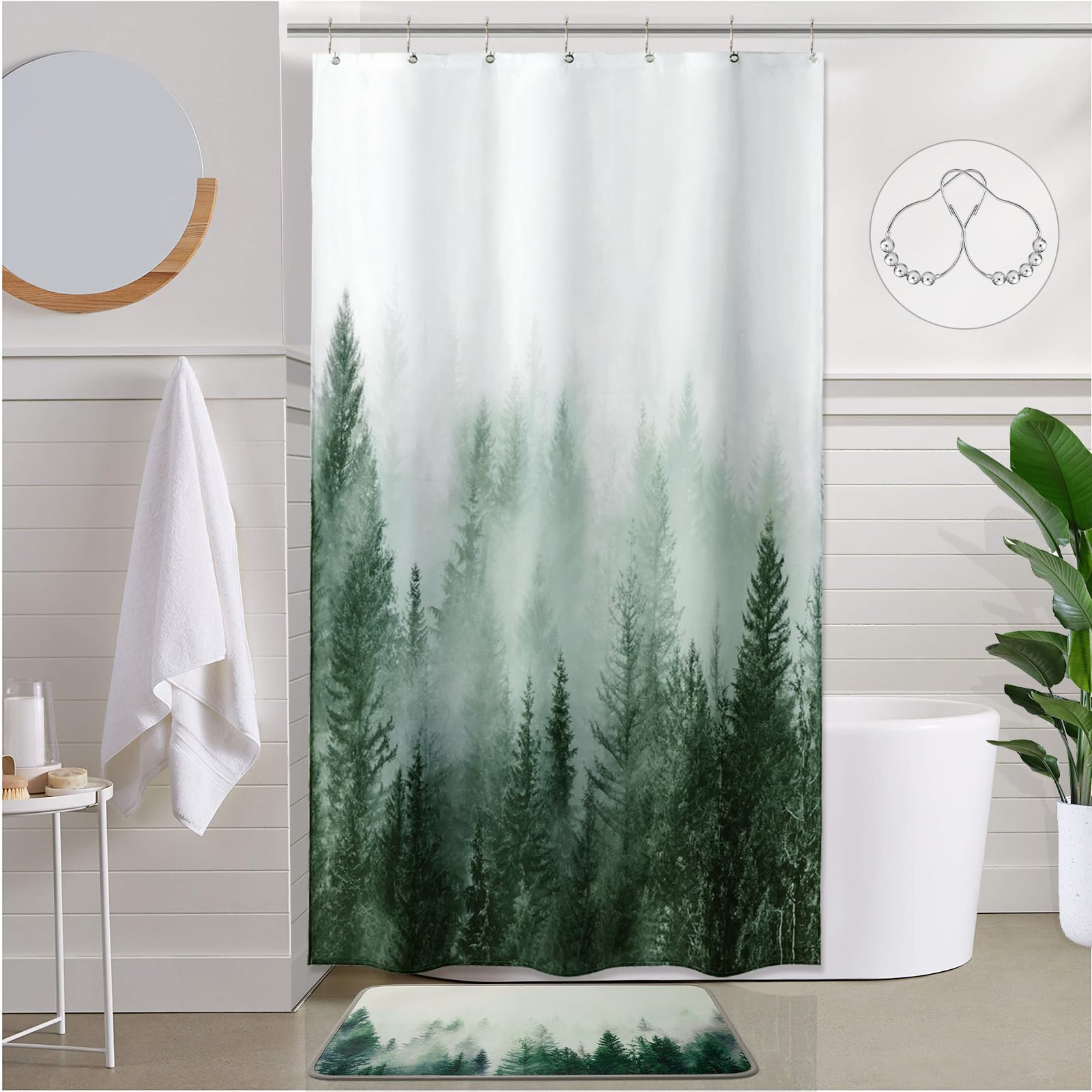 Ortigia Misty Forest Stall Shower Curtain For Small Bathroom, Green Half Size Narrow Nature Woodland Shower Curtain Set With Hoo