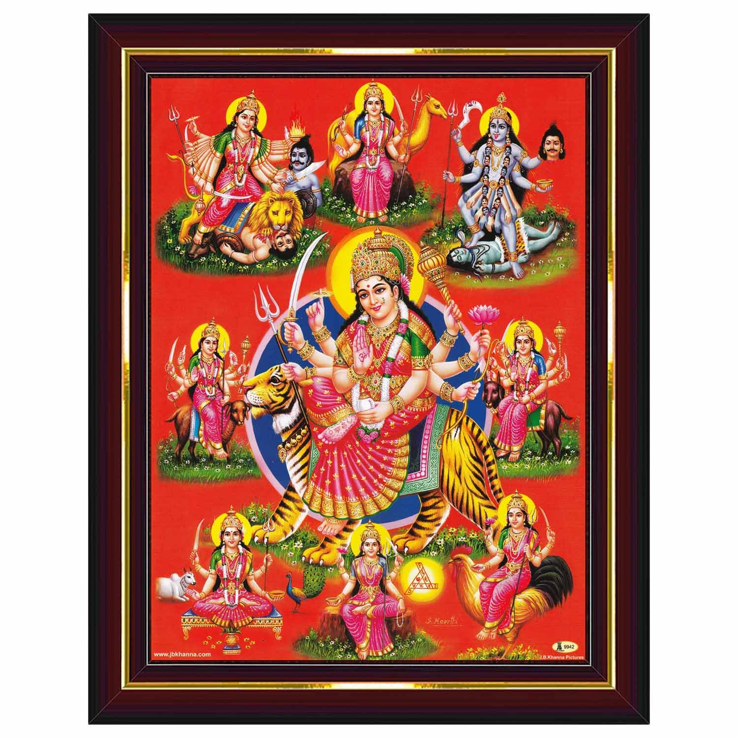 Pavan Photo Laminations Durga Maa Mata Goddess Nav Navadurga Navdurga Wall Painting Framed Home Decor (Wood,Matte,Brown,Small Si