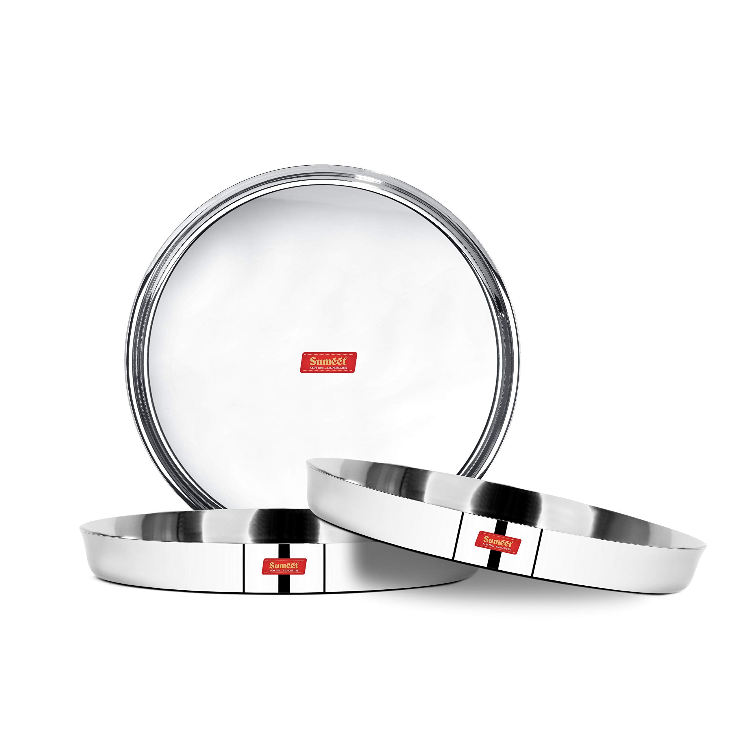 Sumeet 22 Gauge Stainless Steel Traditional Dinner Plate/Thali 25.8Cm (1.5Ltr) - Set of 3pc