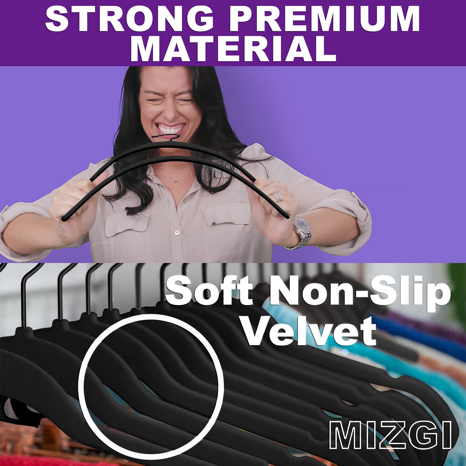 MIZGI Premium Velvet Hangers (60 Pack) Heavy Duty - Non Slip Felt Hangers- Velvet Suit Hangers Black - Black Coated Hooks Space Saving Clothes Hangers