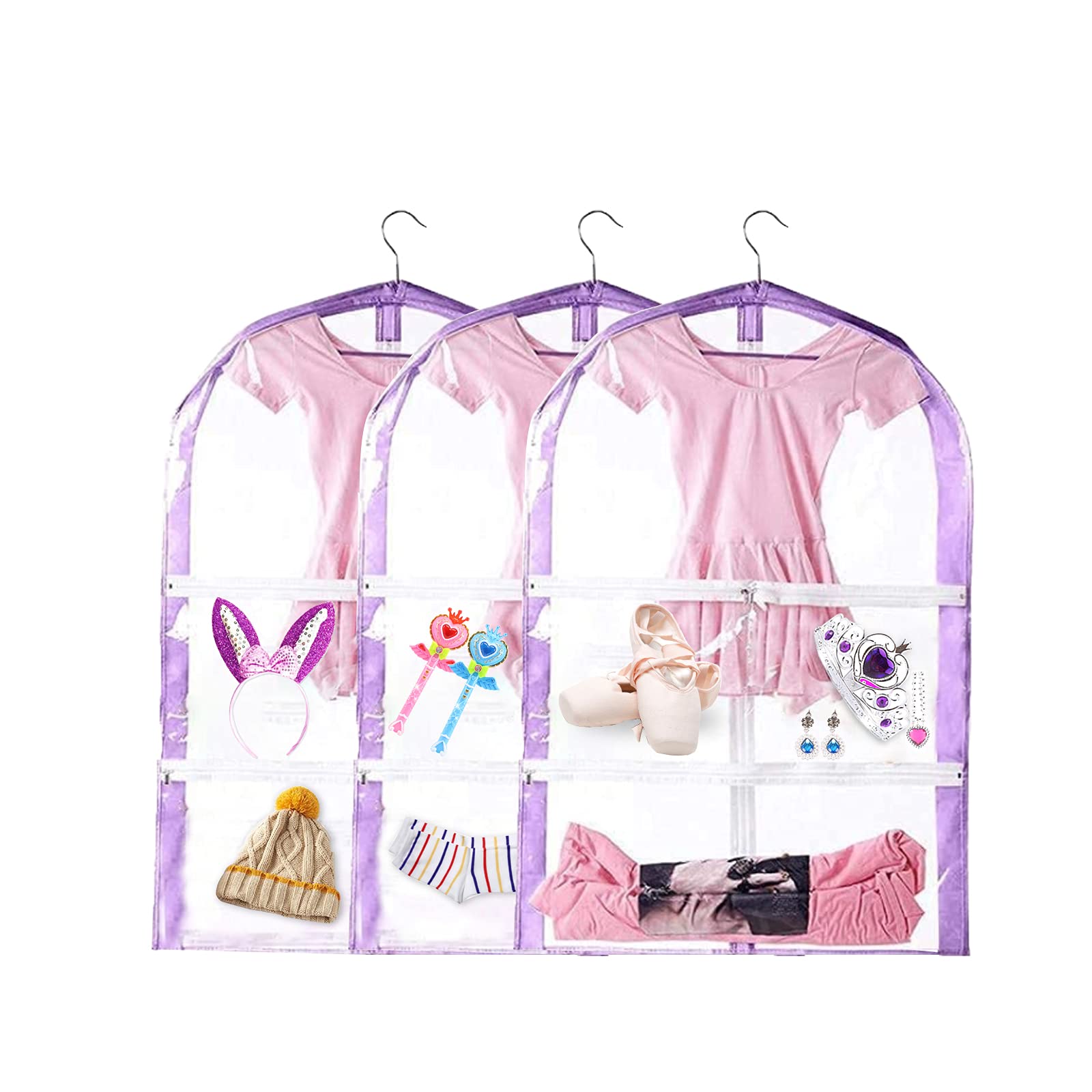 Clear Kids Dance Costume Garment Bag,3 Pack Garment Bags For Hanging Clothes,Garment Bag For Travel Storage,Dress Up Storage Bag