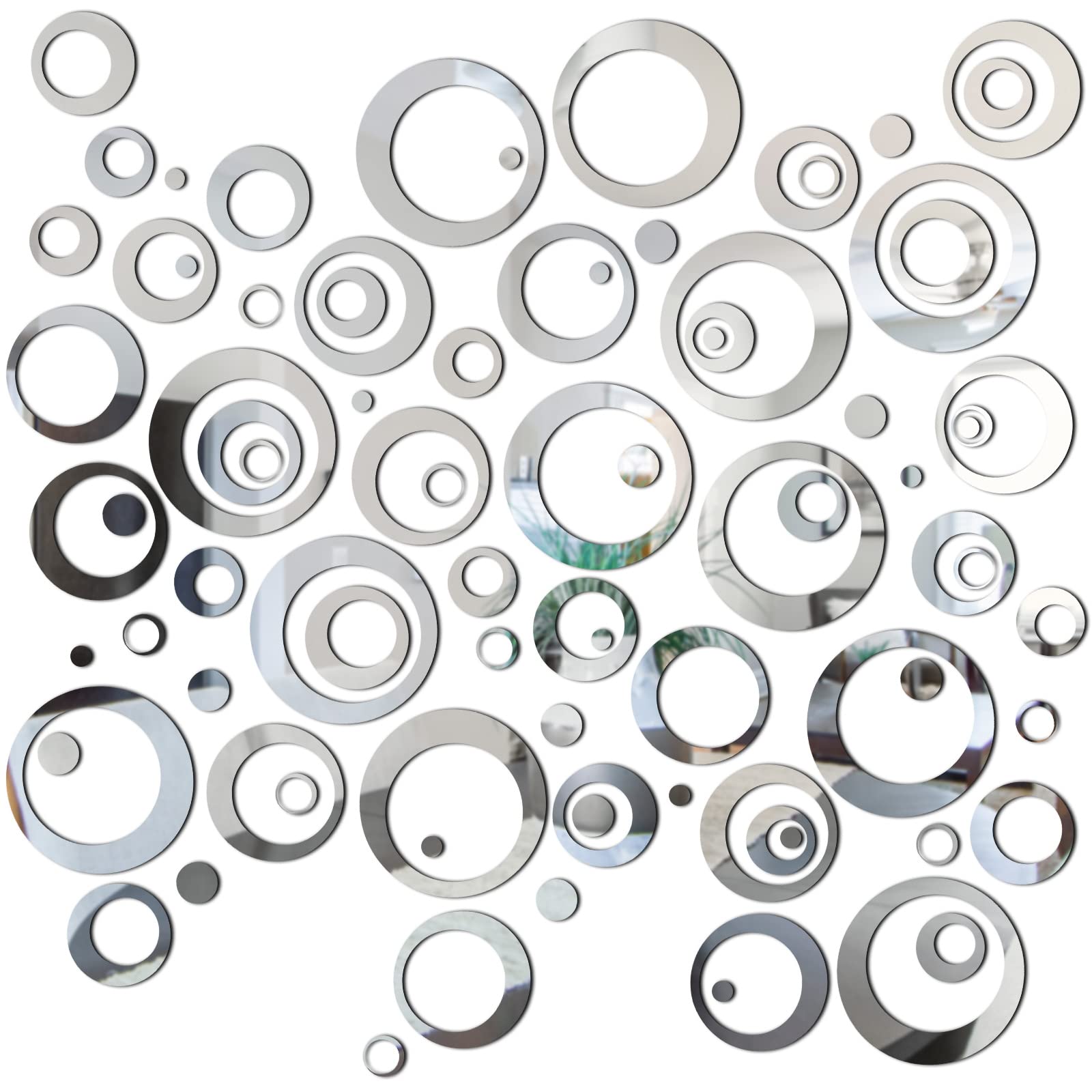 Shappy 96 Pcs Circle Mirror DIY Wall Sticker Removable Silver Wall Decoration Mirror Decals Silver Wall Decor for Living Room Be