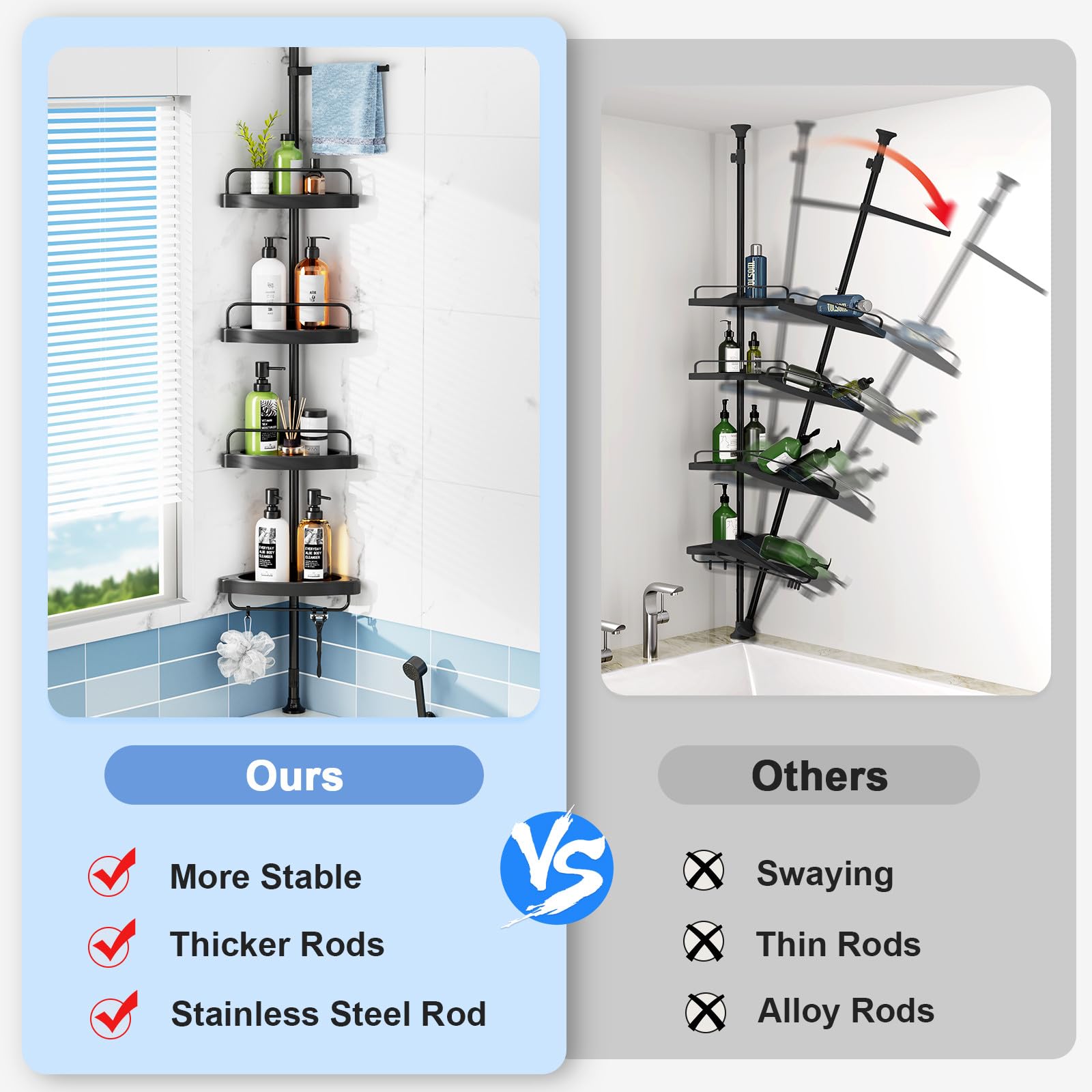 Hamitor Corner Shower Caddy Tension Pole: 4 Tier Shampoo Storage Organizer For Inside Shower - Telescoping Rod Shower Rack For B