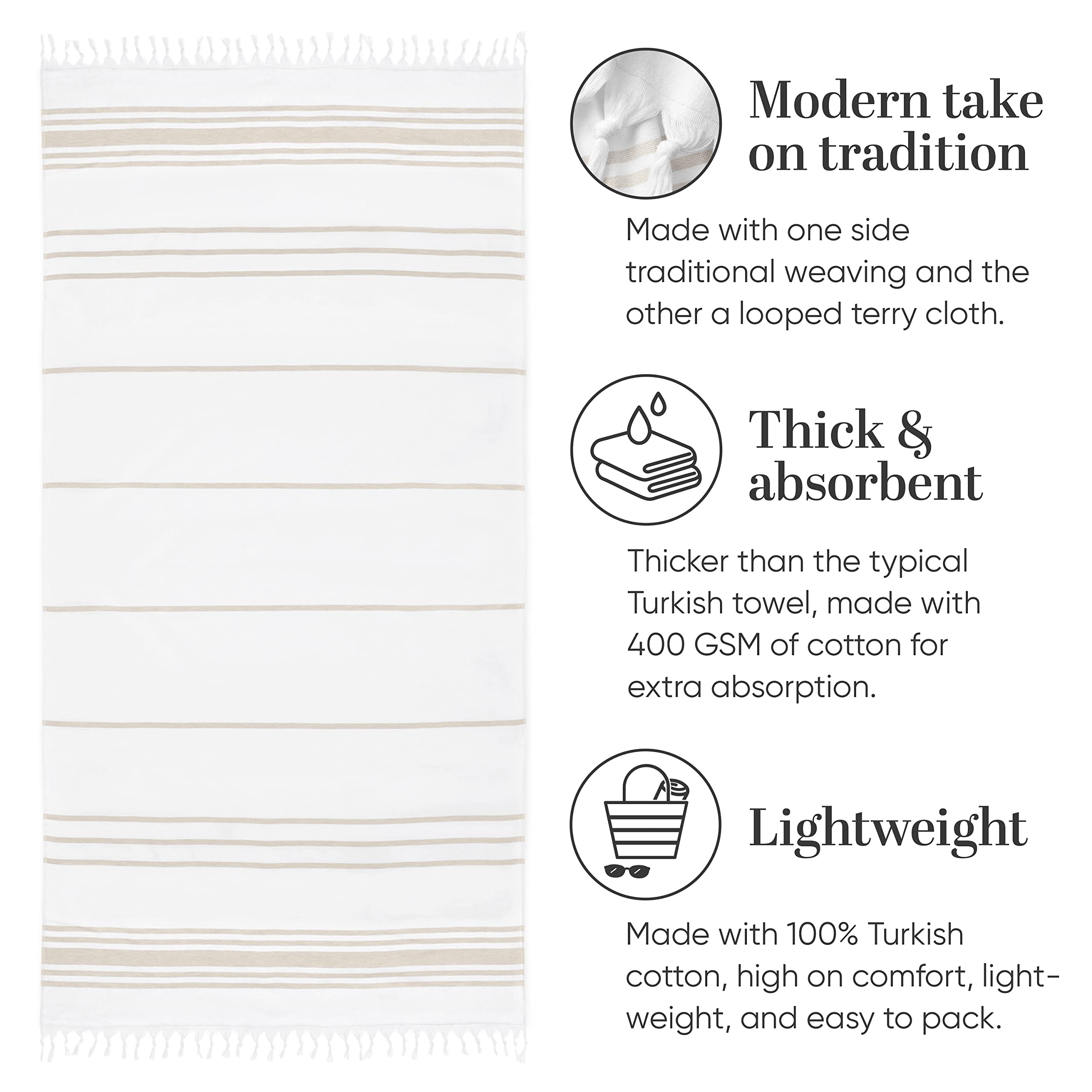 Laguna Beach Textile Co. Soft Turkish Fouta Beach Towel - White & Dune Tan, 400 Gsm