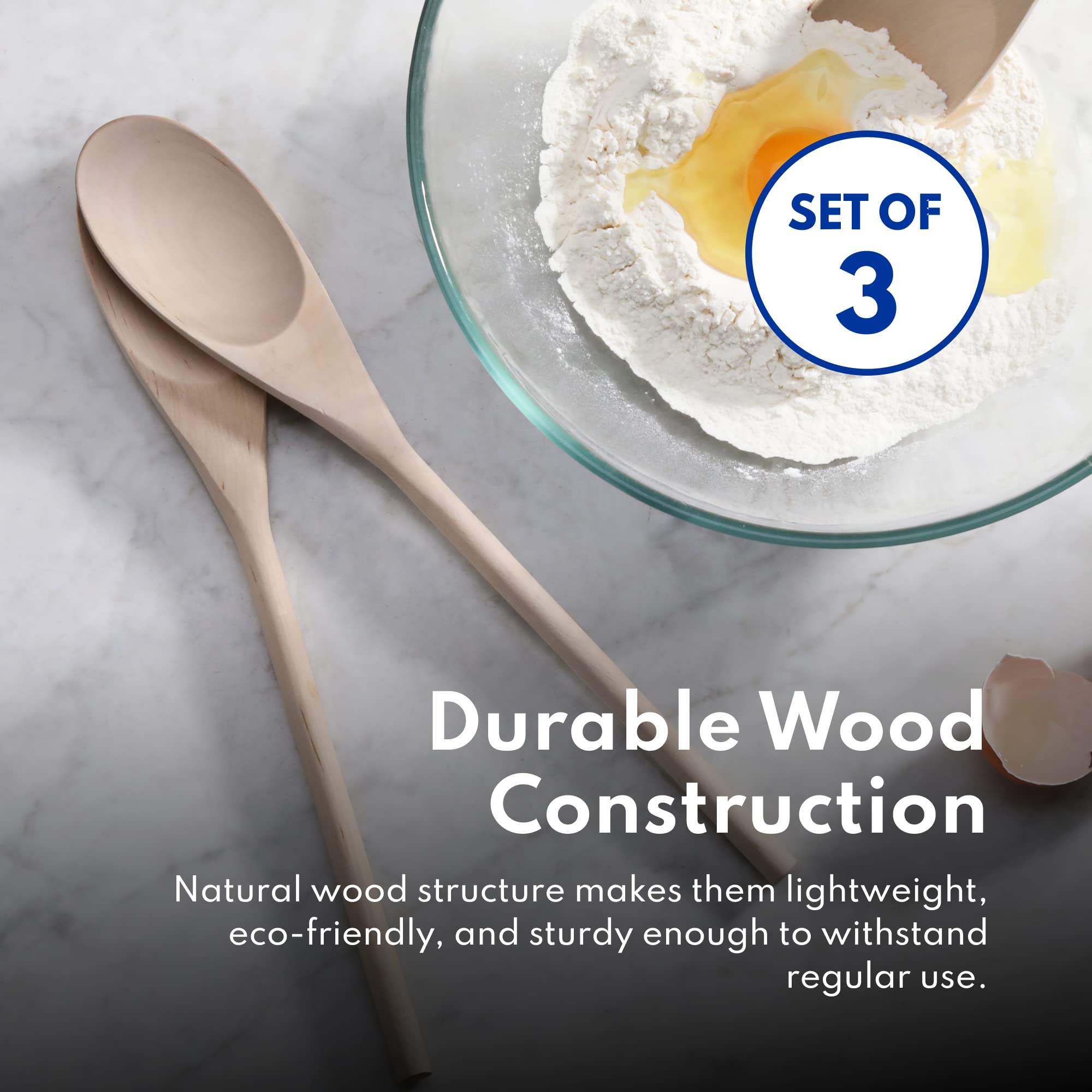 New Star Foodservice 42603 Classic Wood Kitchen Spoons Mixing Spoons, Light Yellow, Set Of 3