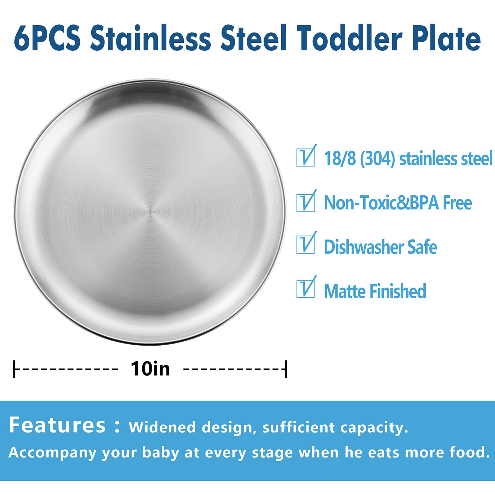 Haware 6-Piece 18/8 Stainless Steel Plates, Metal 304 Dinner Dishes For Kids Toddlers Children, 10 Inches Feeding Serving Campin