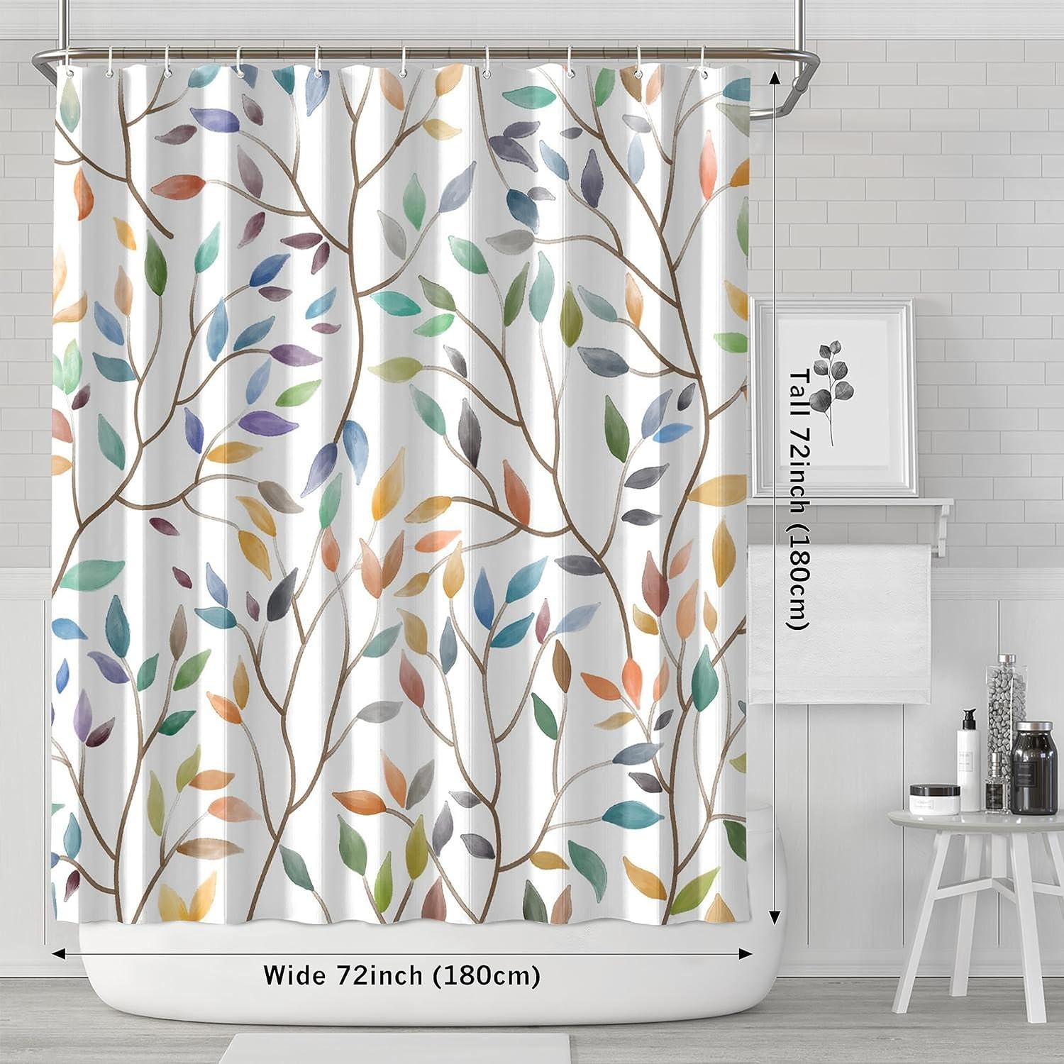 Jwxcbim Boho Leaf Floral Shower Curtain, Spring Summer Modern Colorful Botanical Leaves Bohemian Fabric Shower Curtain Set With