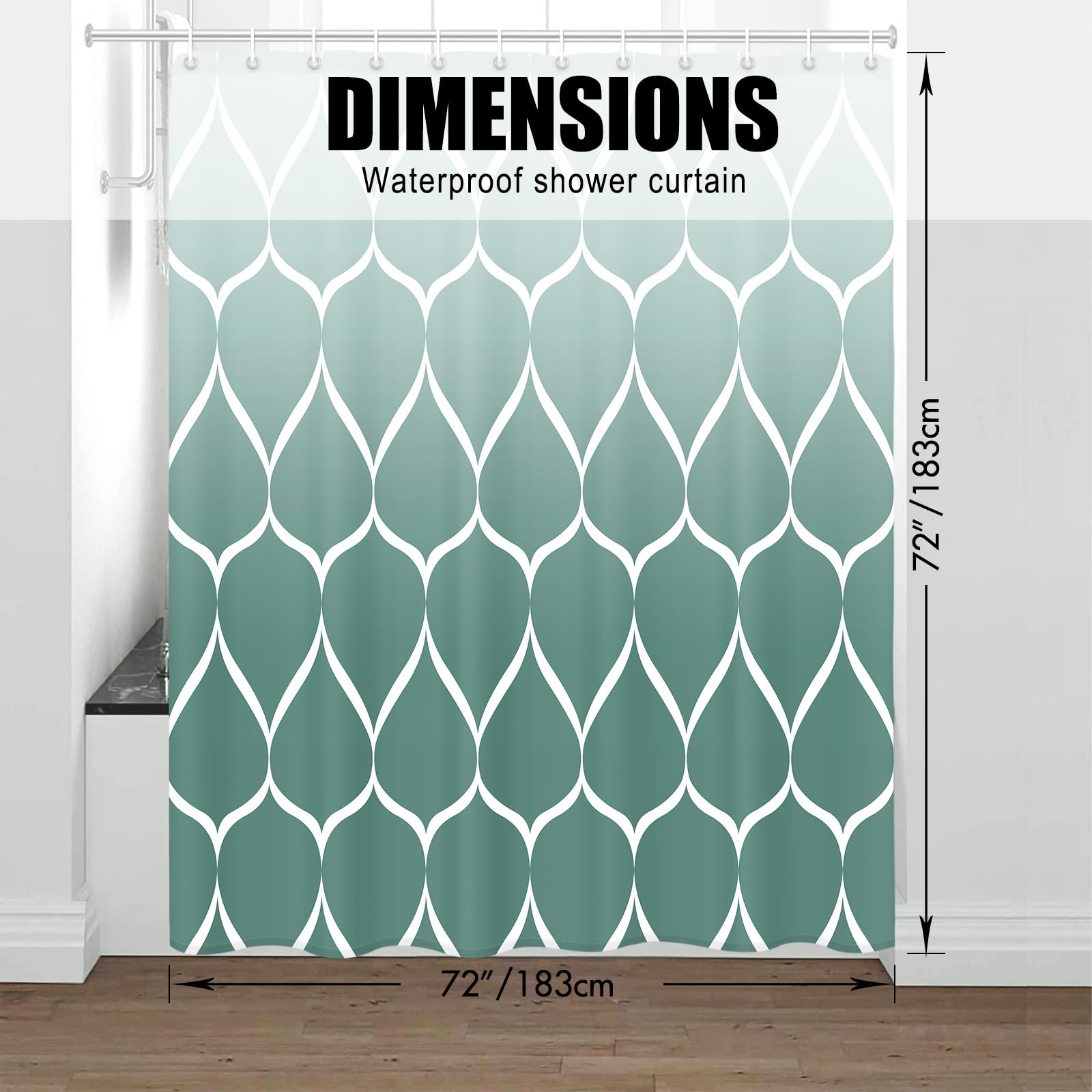 Gelbchu Ombre Teal Fabric Shower Curtain, Waterproof Design And Polyester, Quick-Drying, Weighted Hem, Shower Curtains Set For B