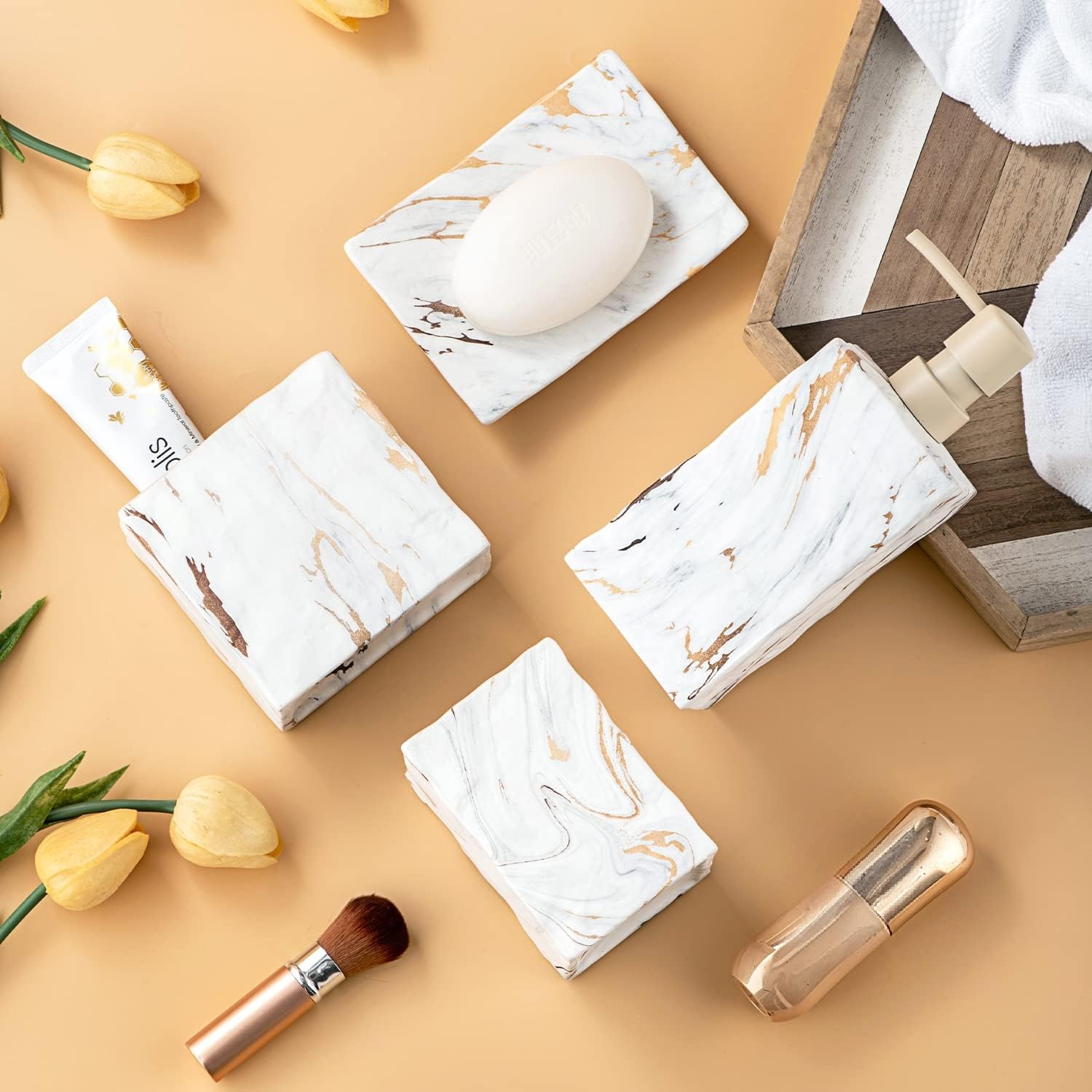 RQYIXI Ceramic Bathroom Accessory Set Complete 4 Pieces Retro Style Soap Dispenser & Toothbrush Holder Sets (Marble Gold)