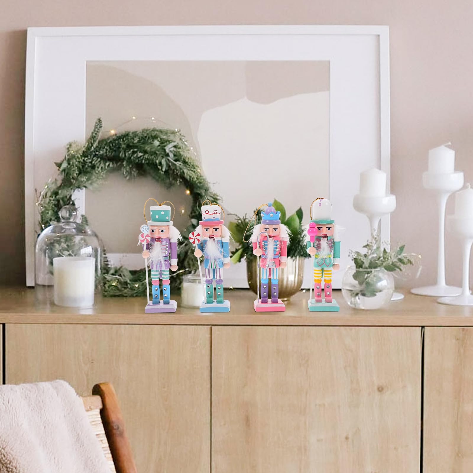 Garneck 4Pcs Christmas Nutcracker Ornaments 4.72inch Wooden Candy Nutcracker Soldier Figures Festive Hanging Xmas Tree Decoratio