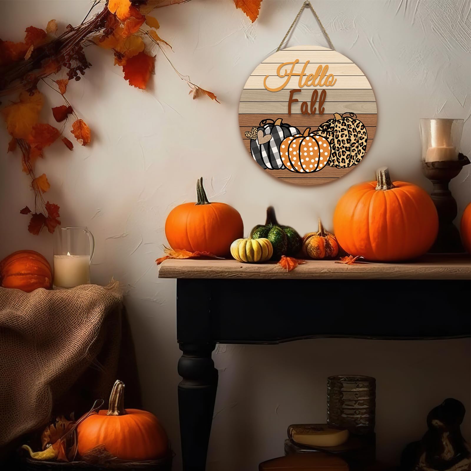 Dacawin Hello Fall Pumpkin Wooden Door Signs Autumn Harvest Sign Front Door Decor Plaid Pumpkin Farmhouse Door Hanger Decoration