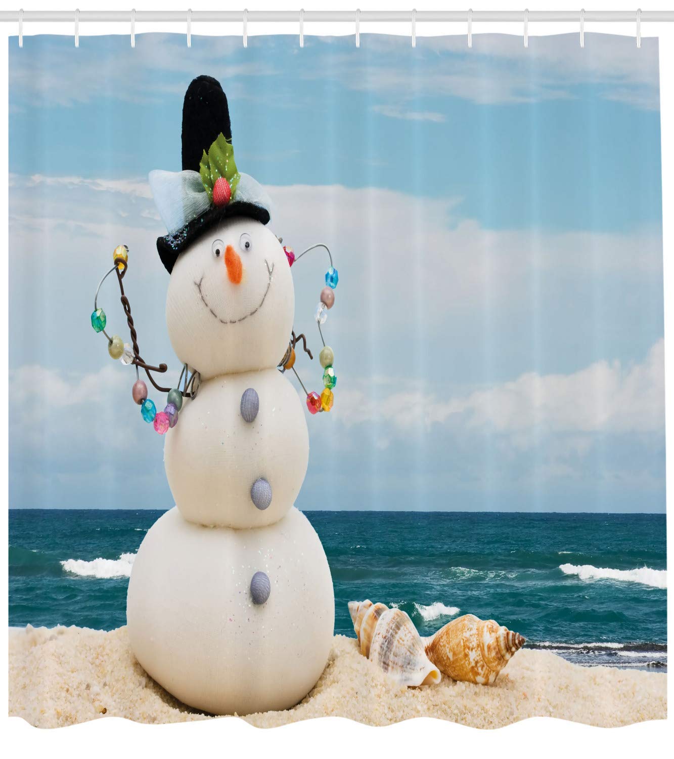 Ambesonne Snowman Shower Curtain, Winter Vacation Holiday Theme Figure Seashells Sitting On Sandy Beach Coastal, Cloth Fabric Ba