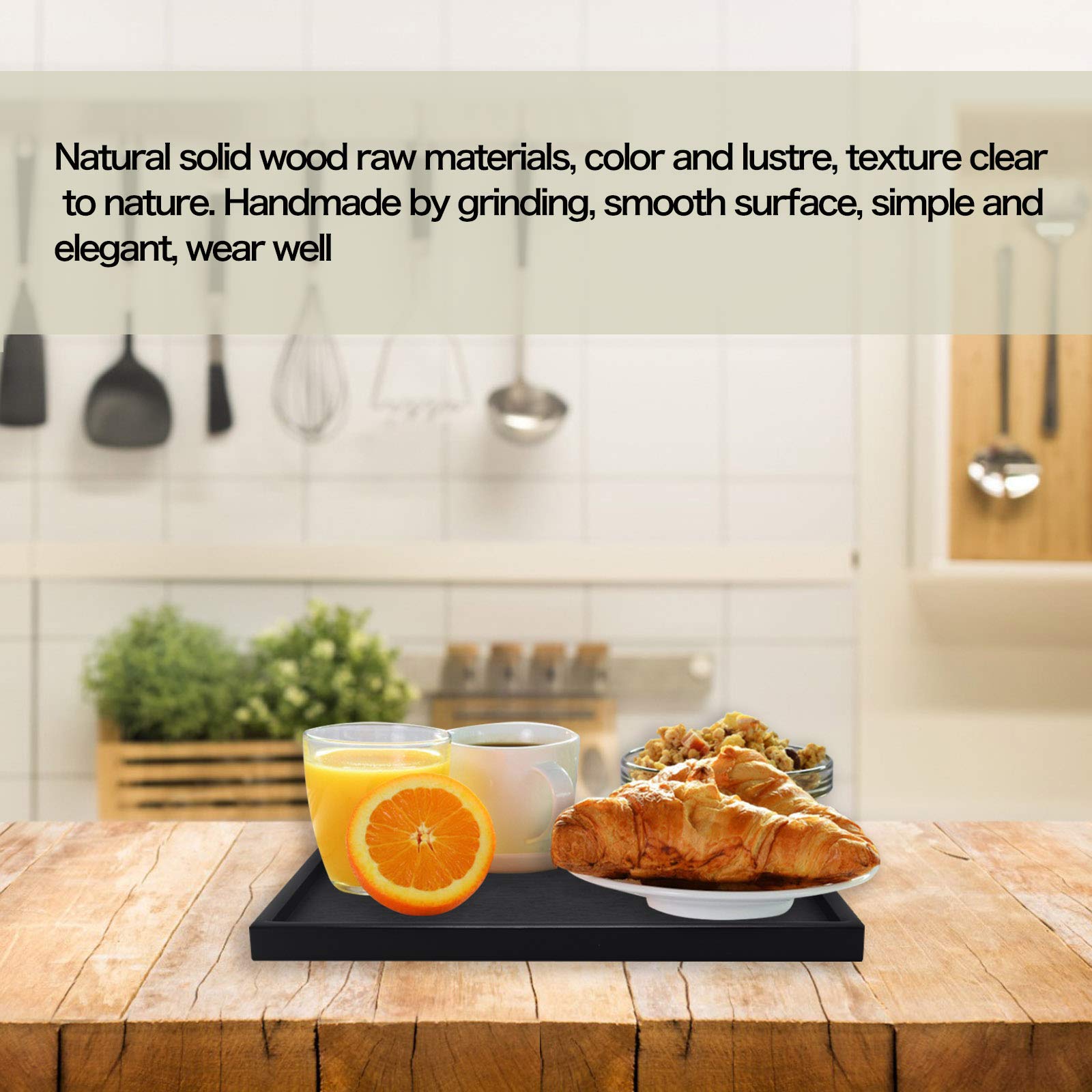 Solid Wood Serving Tray Rectangle Non-Slip Tea Coffee Snack Plate Food Meals Serving Tray With Raised Edges For Home Kitchen Res