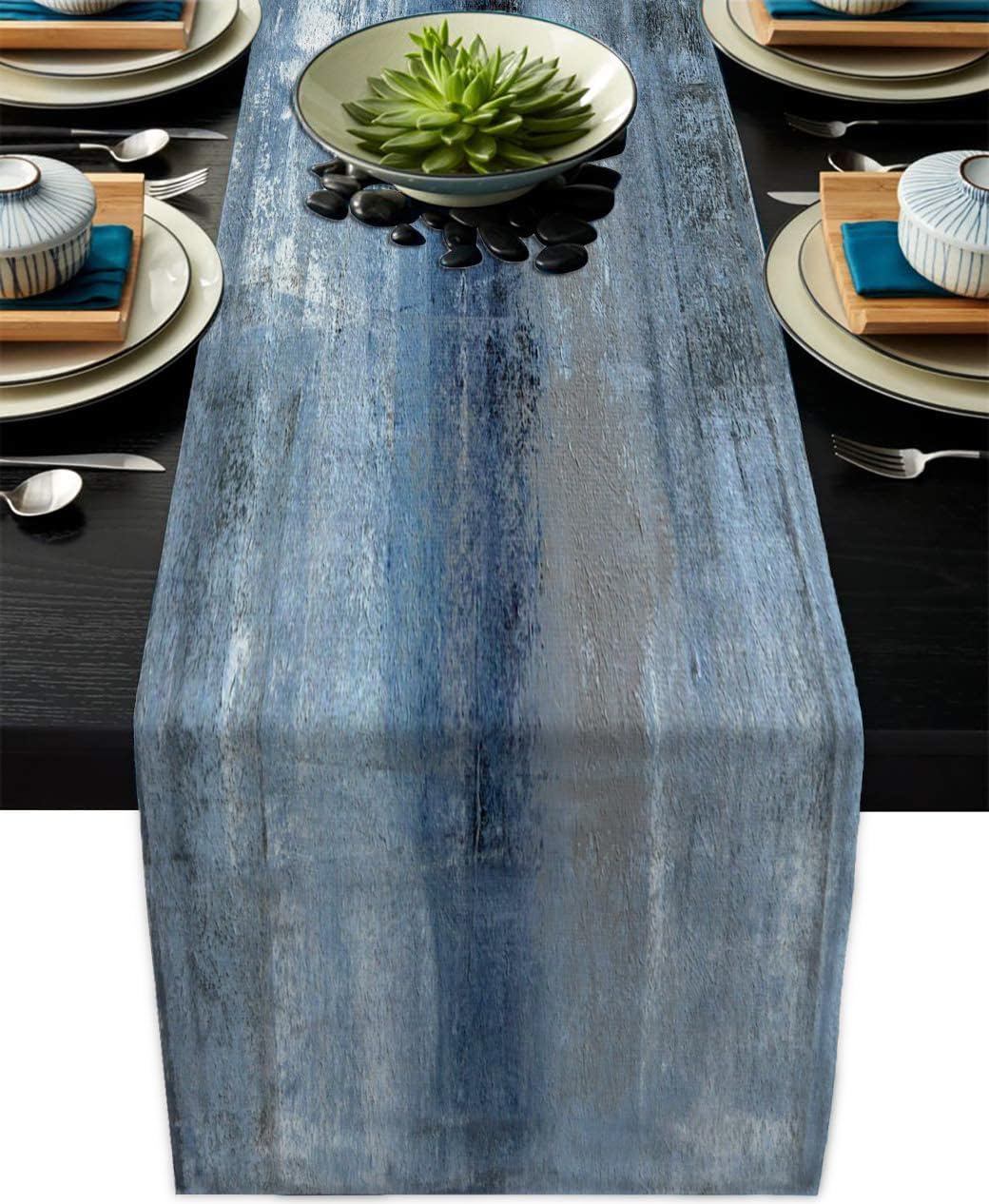 Blue Grey Table Runners Modern Art Farmhouse Linen Table Runners Dresser Scarves Retro Rustic Style for Party Kitchen Dining Tab