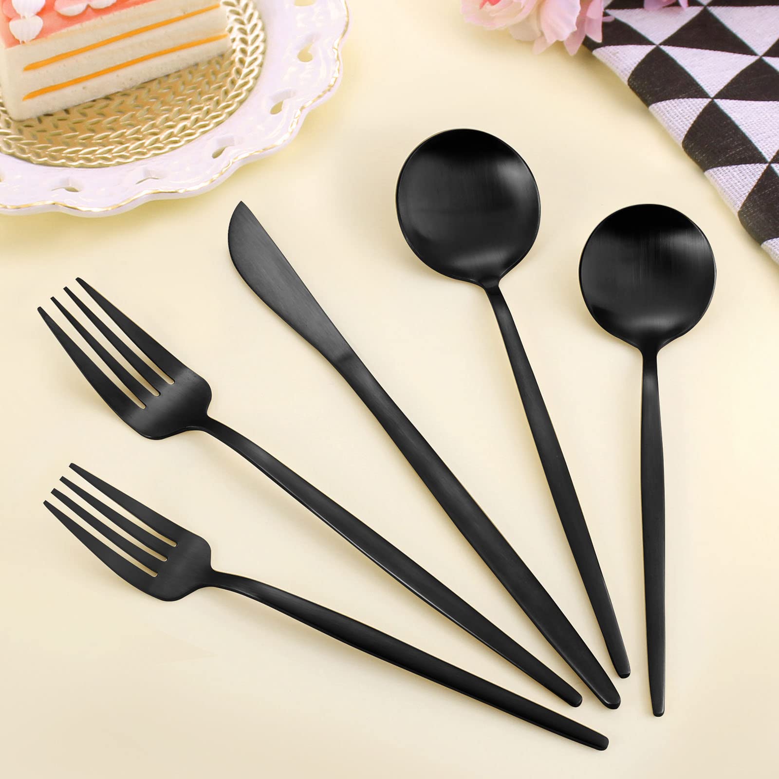 Matte Black Silverware Set  LAZAHOME Stainless Steel Flatware Cutlery Set Service for 4  20-Piece Kitchen Utensil Set Include Spoons And Forks Set  Satin Polished Finished  Dishwasher Safe.