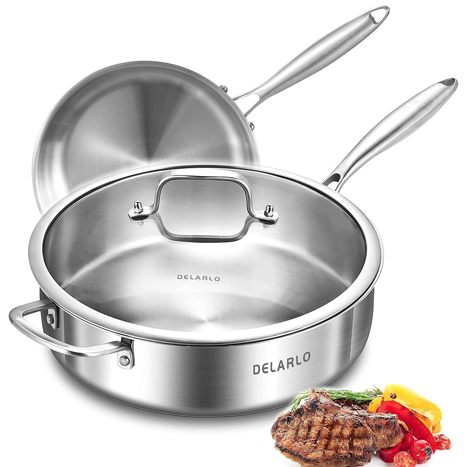 Delarlo Whole Body Tri-Ply Stainless Steel 10Inch Frying Pan And 6Quarts Saute Pan, Oven Safe Induction Skillet,Pots And Pans Se